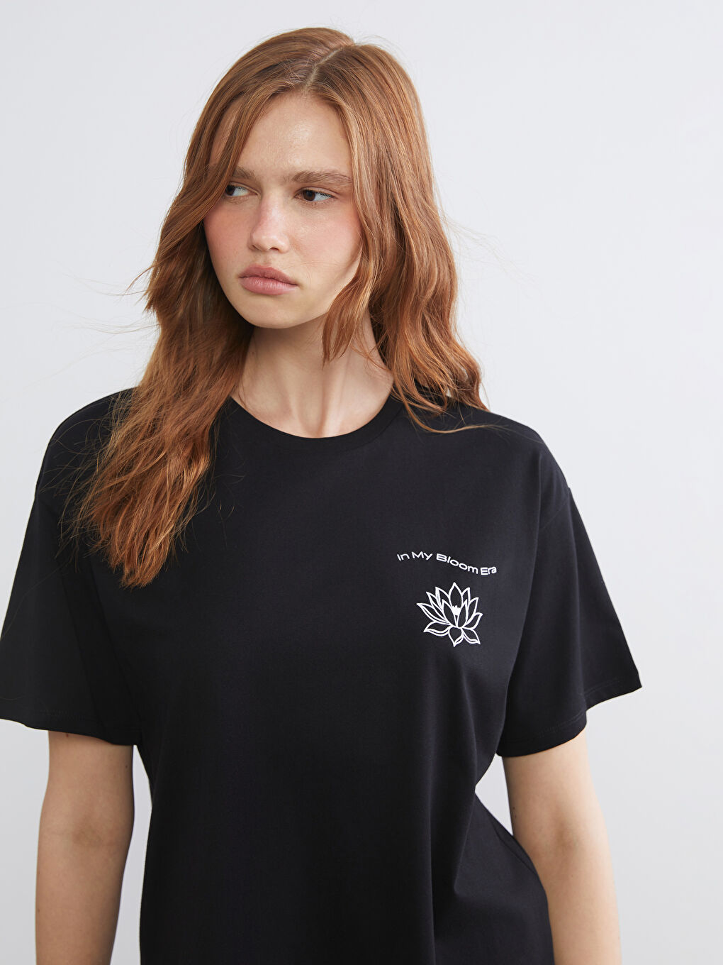 Siyah Bisiklet Yaka Baskılı Oversize Kadın Spor Tişört-2