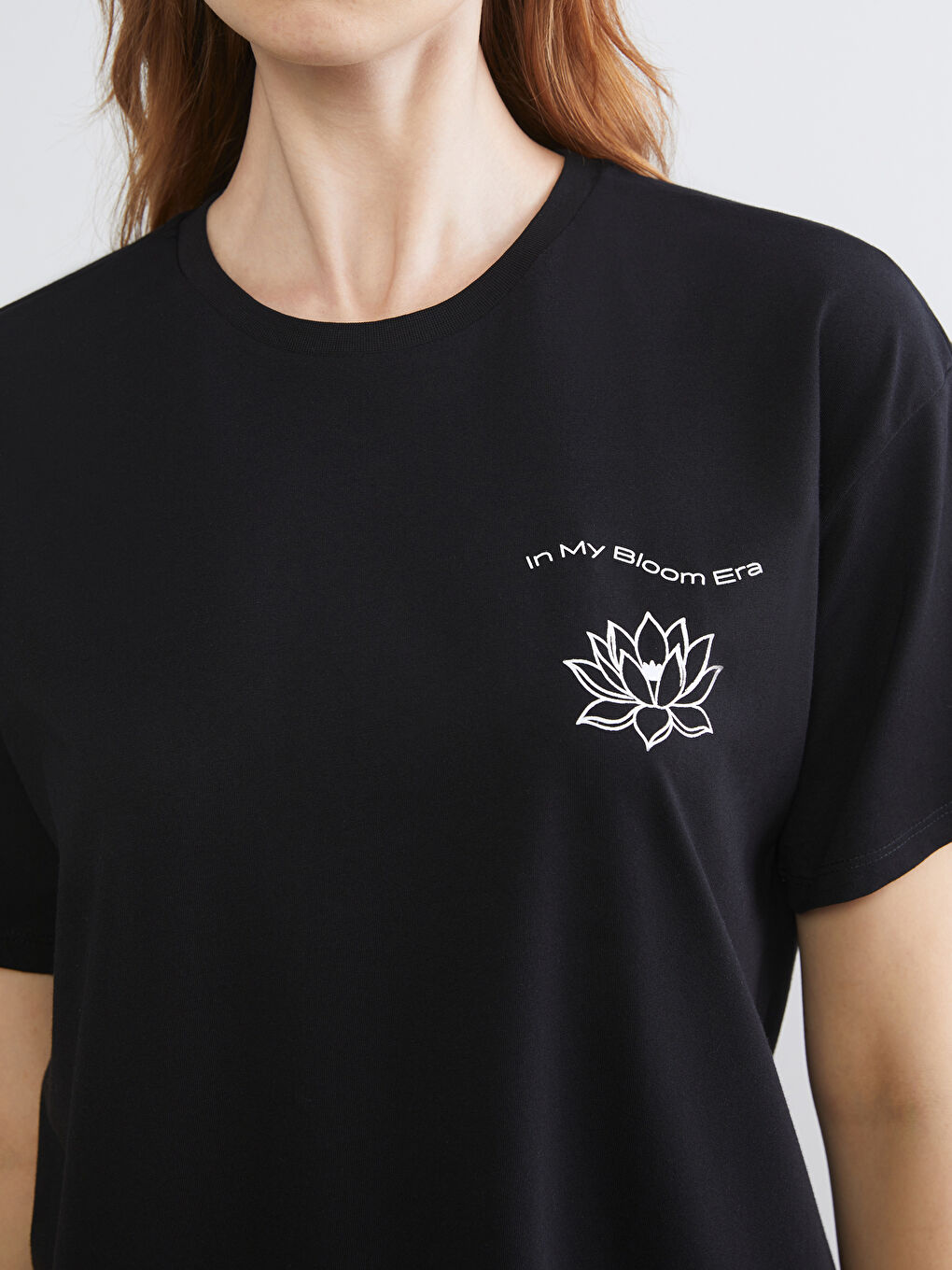 Siyah Bisiklet Yaka Baskılı Oversize Kadın Spor Tişört-3