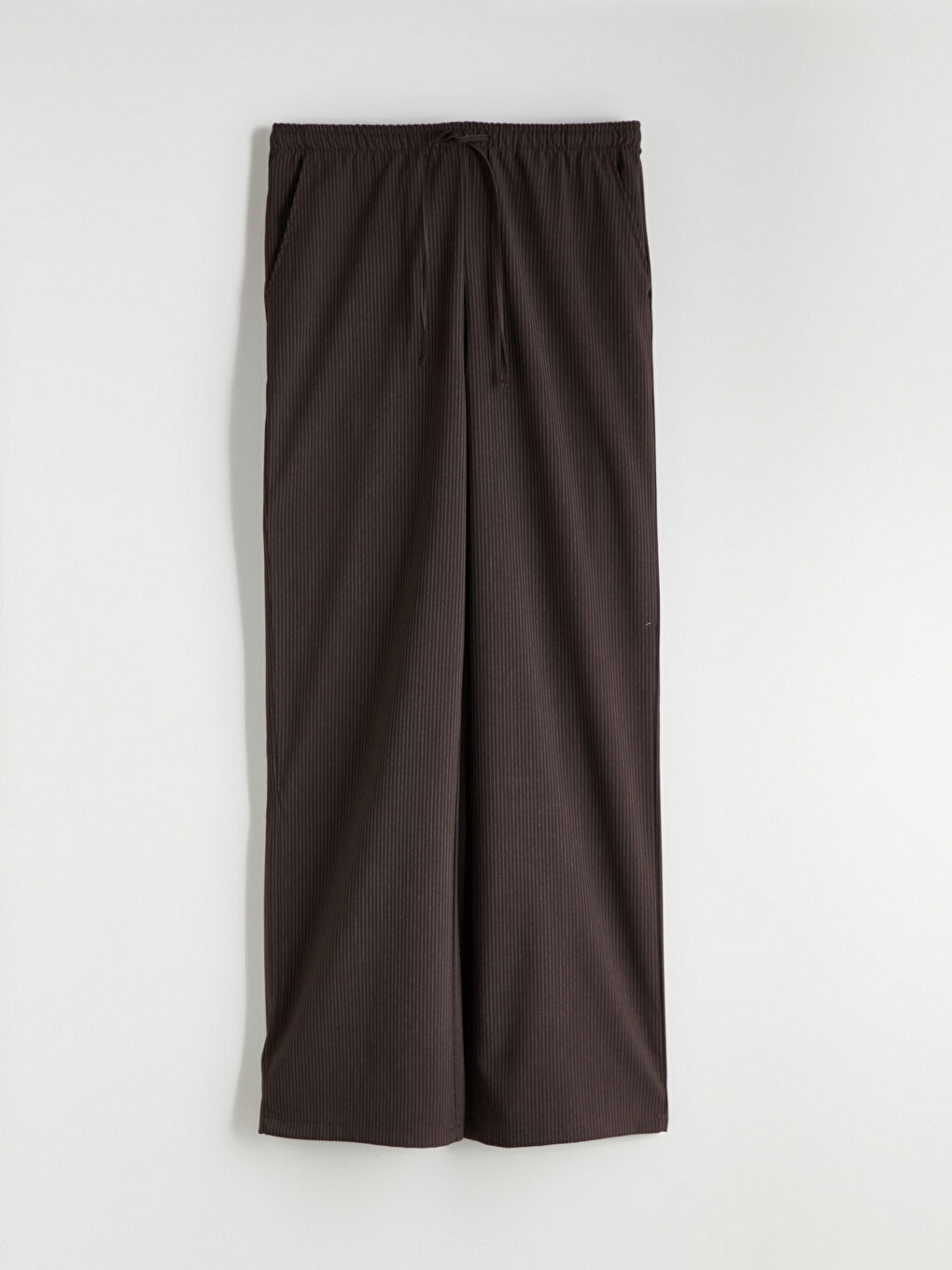 Kahverengi Beli Lastikli Çizgili Geniş Paça Kadın Pantolon-5