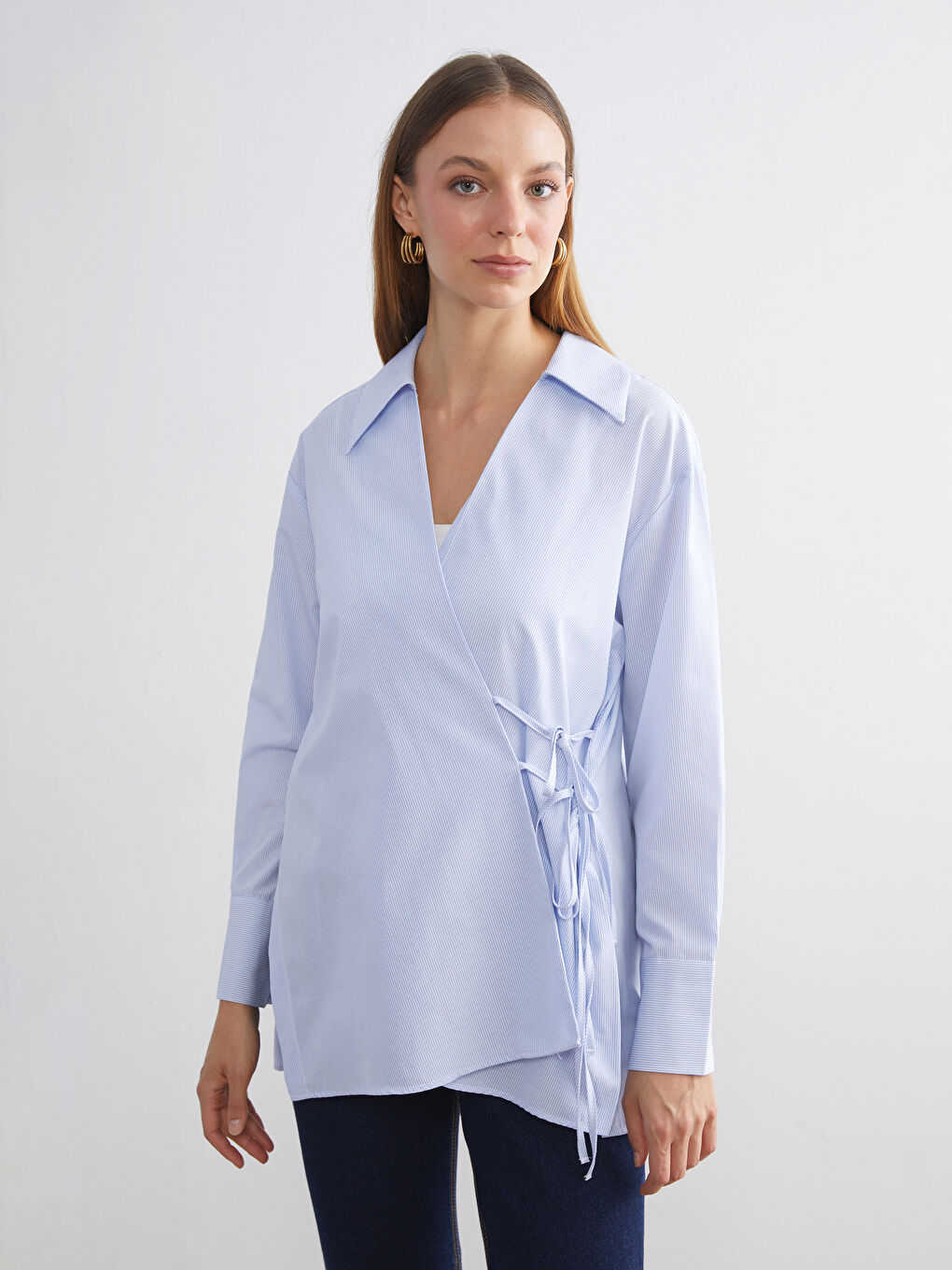 Mavi Beli Bağlamalı Kadın Gömlek Tunik