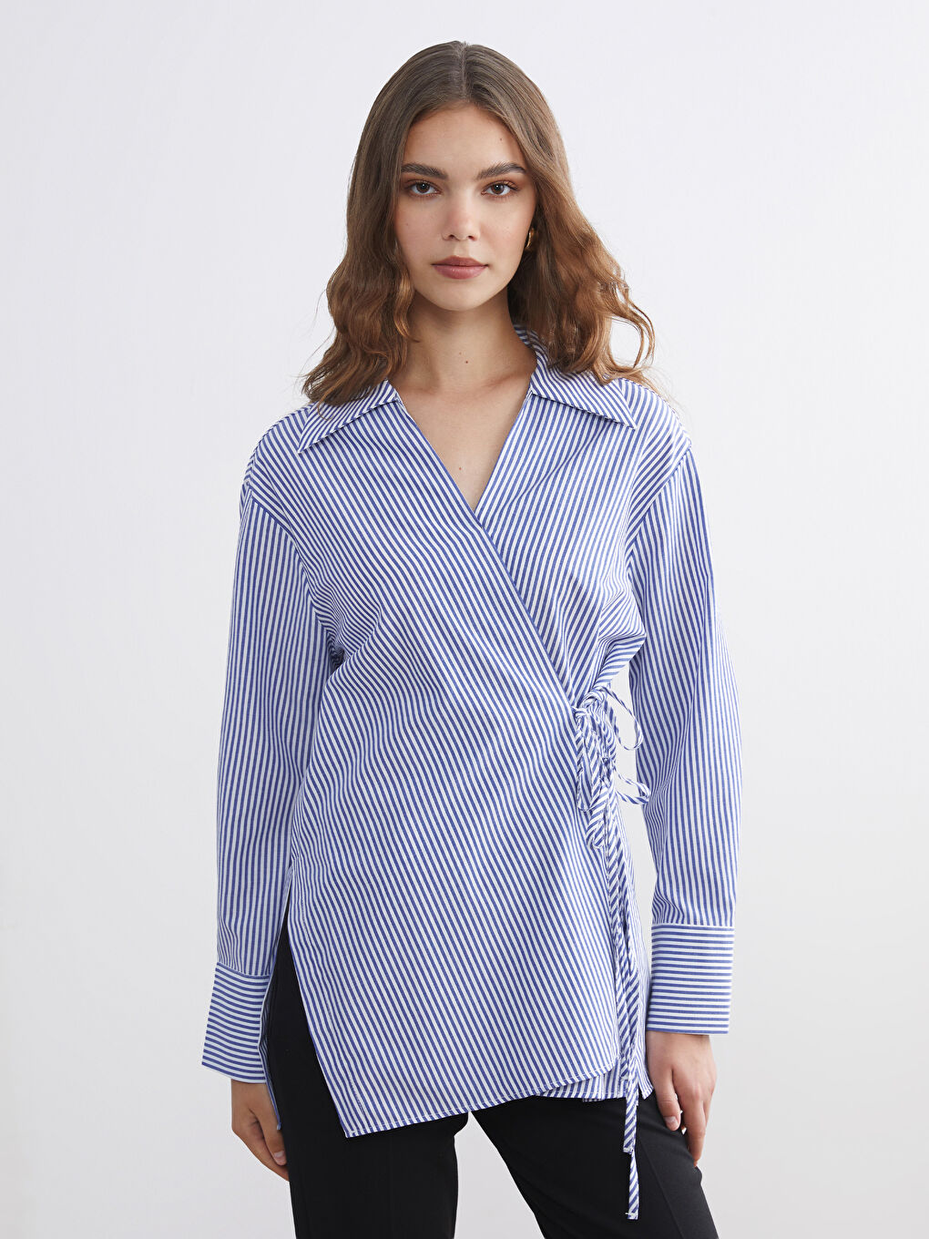 Lacivert Beli Bağlamalı Kadın Gömlek Tunik