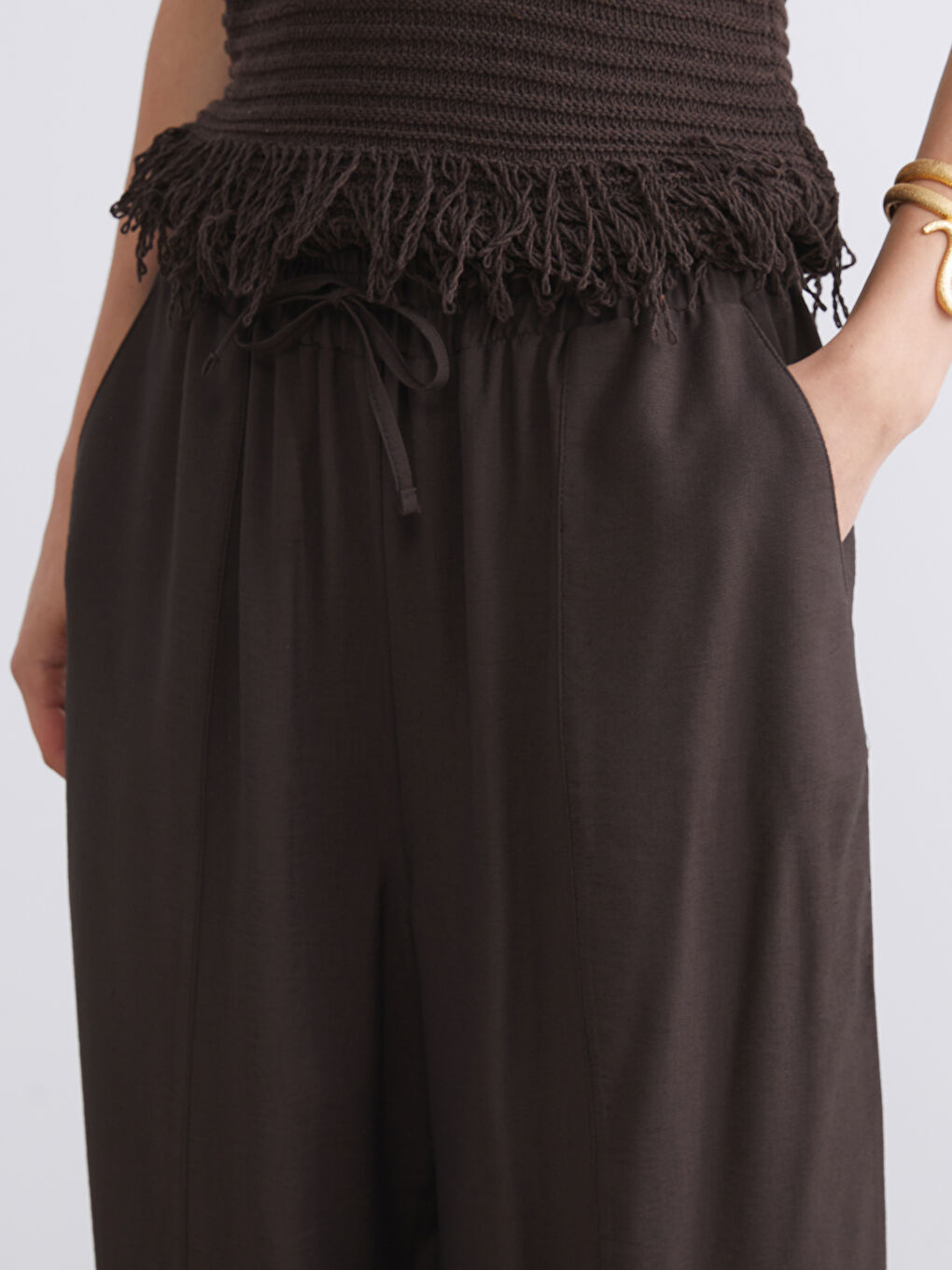 Kahverengi Beli Lastikli Kadın Pantolon-2