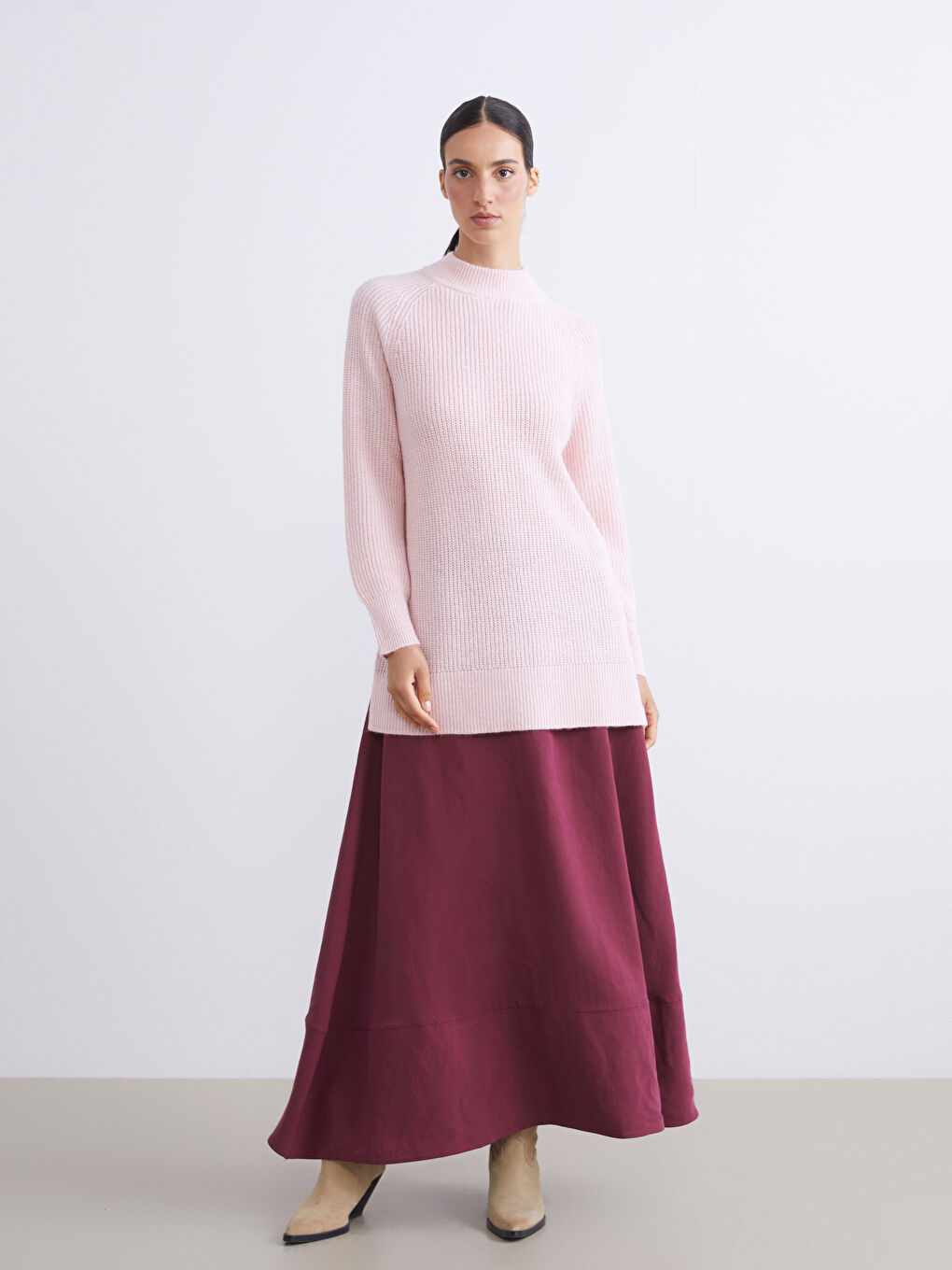 Bordo Beli Lastikli Modal Karışımlı A Kesim Etek