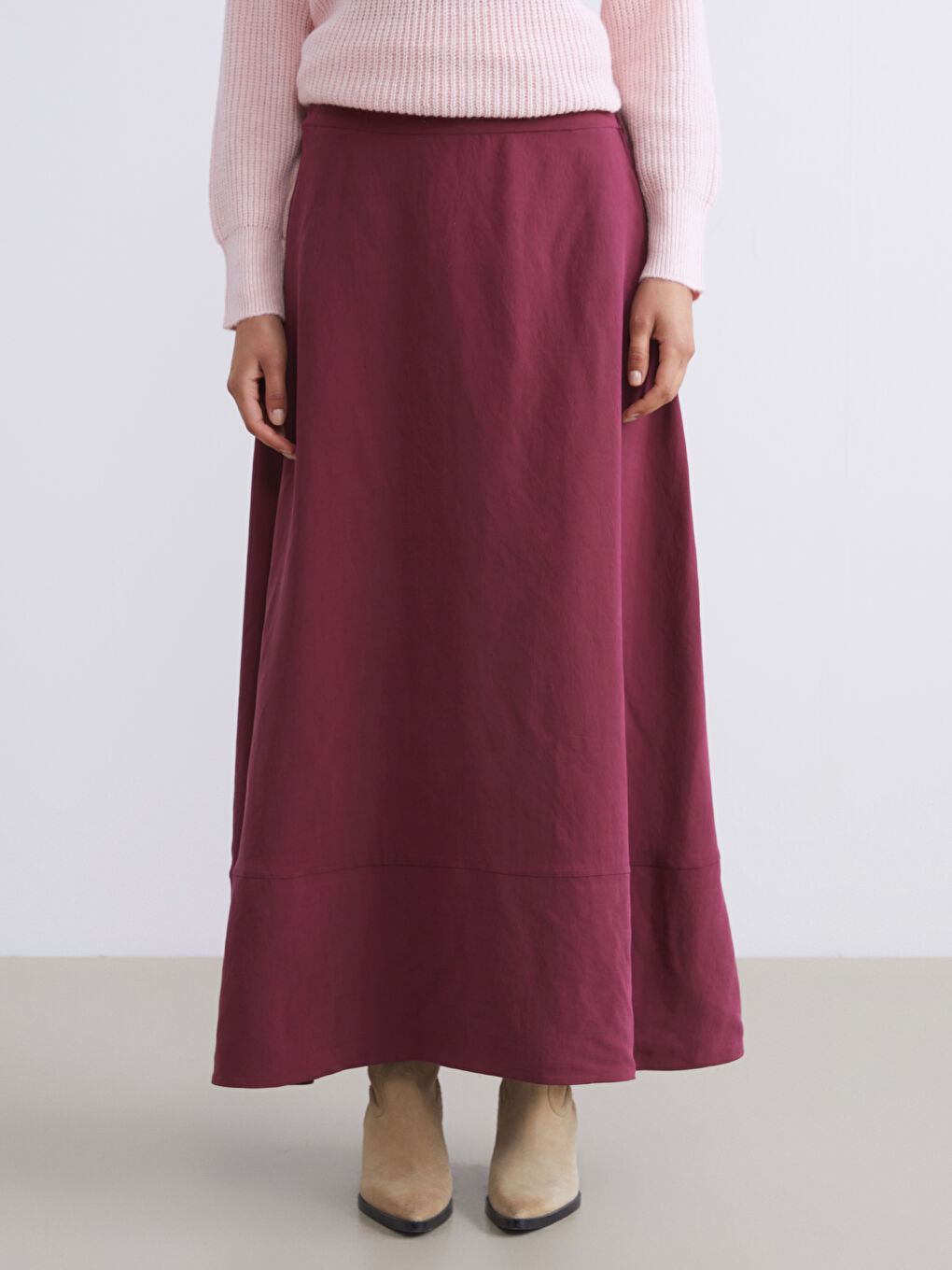 Bordo Beli Lastikli Modal Karışımlı A Kesim Etek-1