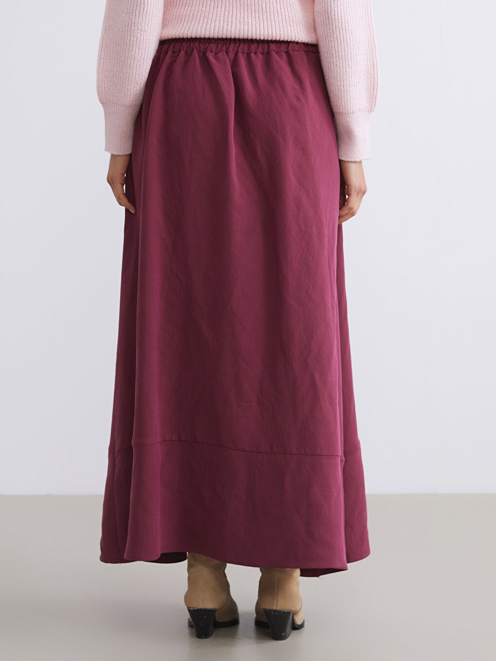 Bordo Beli Lastikli Modal Karışımlı A Kesim Etek-3