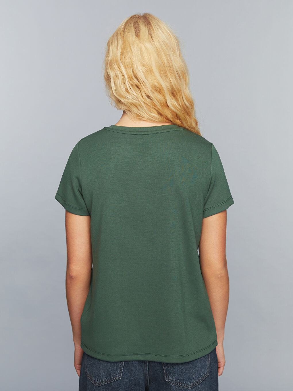 Yeşil Bisiklet Yaka Slogan Baskılı Kadın Tişört-3