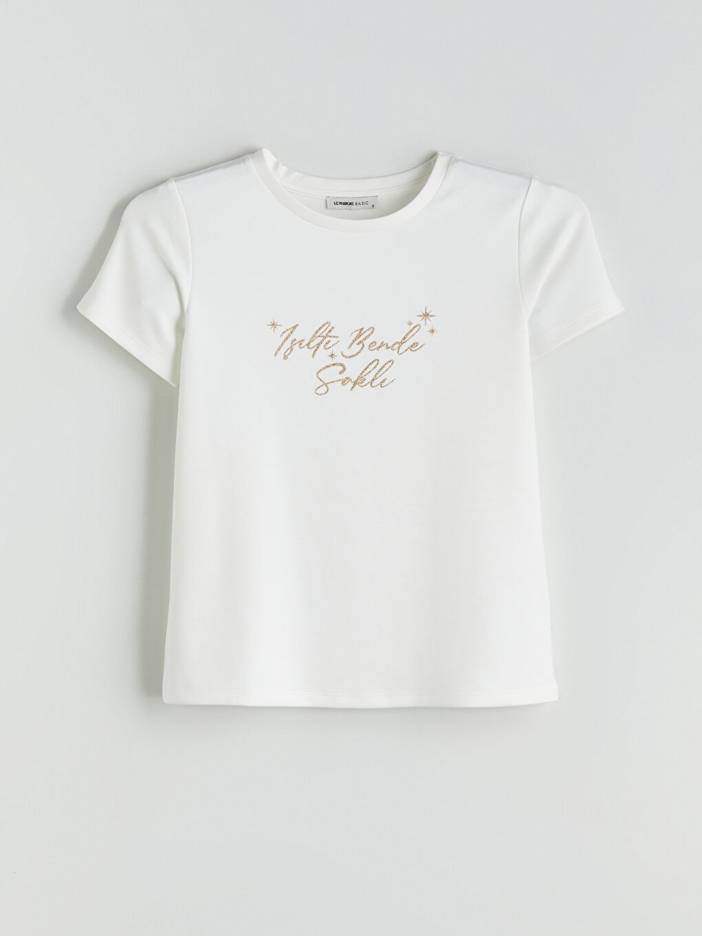 Ekru Bisiklet Yaka Slogan Baskılı Kadın Tişört-4