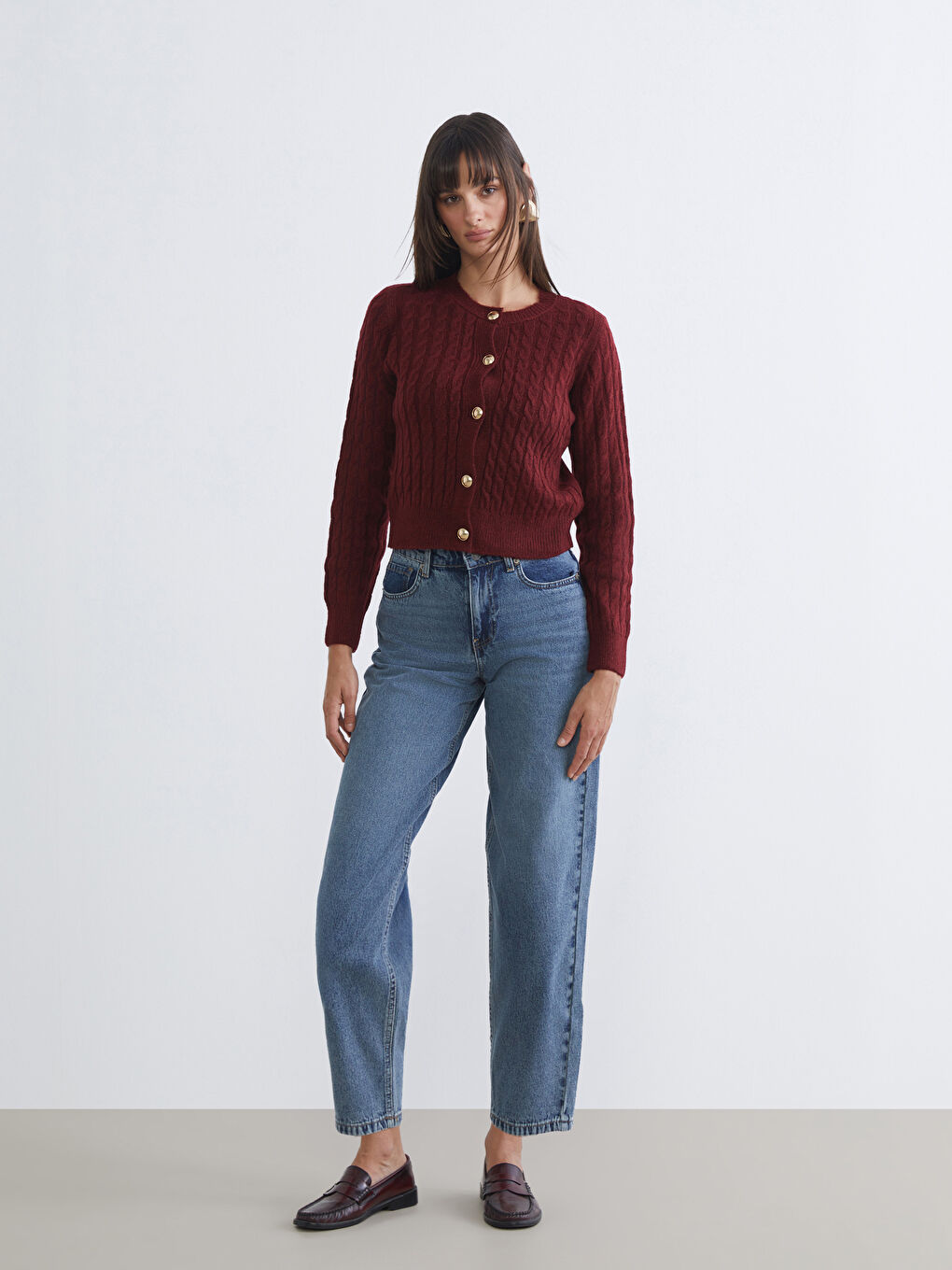 Bordo Bisiklet Yaka Kendinden Desenli Kadın Triko Hırka-1