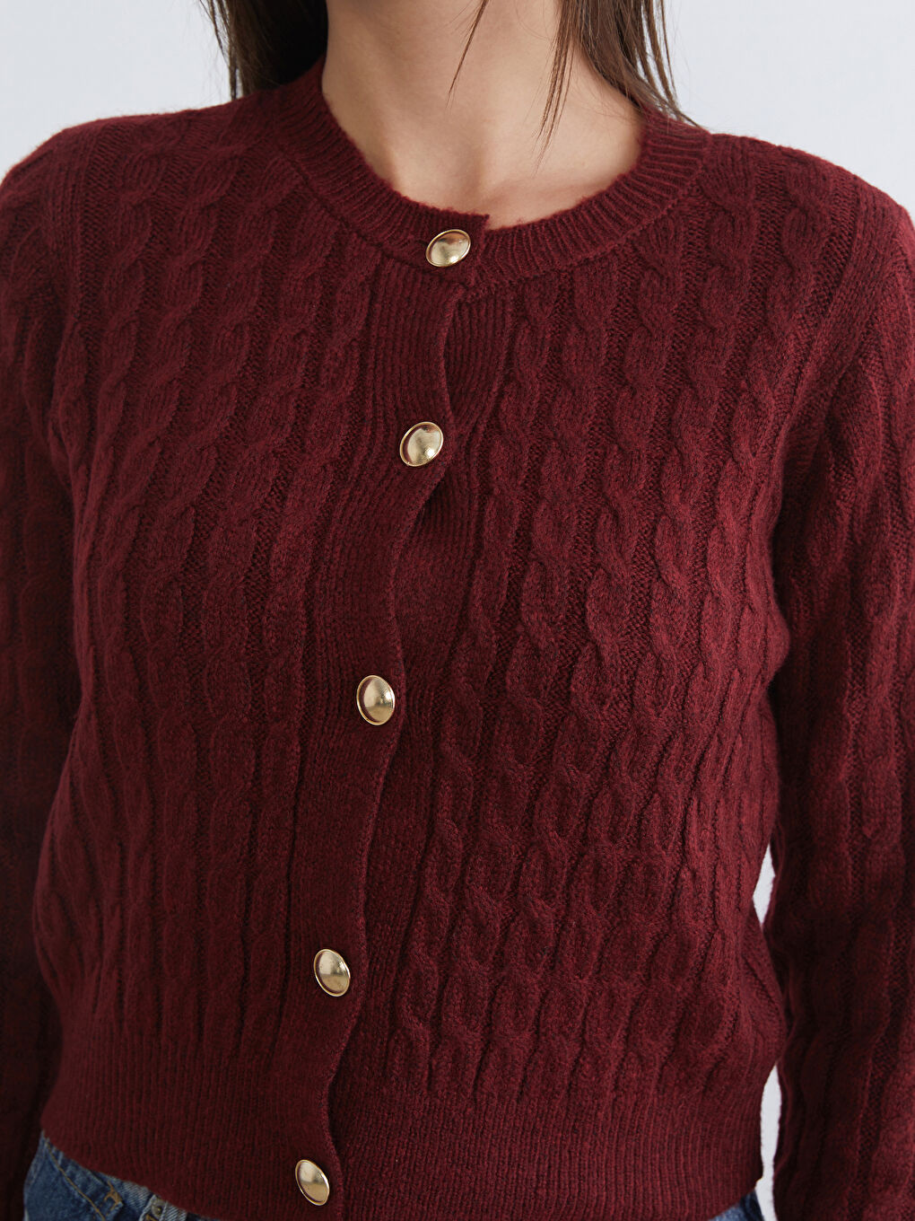 Bordo Bisiklet Yaka Kendinden Desenli Kadın Triko Hırka-2