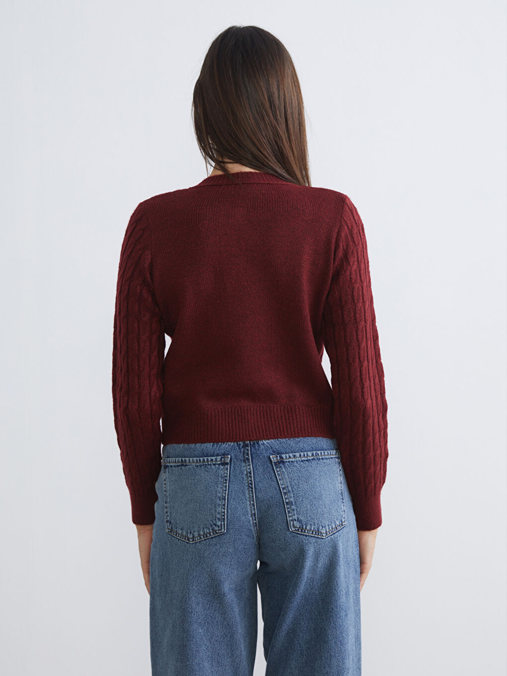 Bordo Bisiklet Yaka Kendinden Desenli Kadın Triko Hırka-3