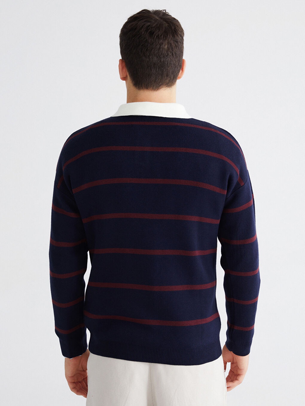 Bordo Polo Yaka Çizgili Erkek Triko Kazak-3