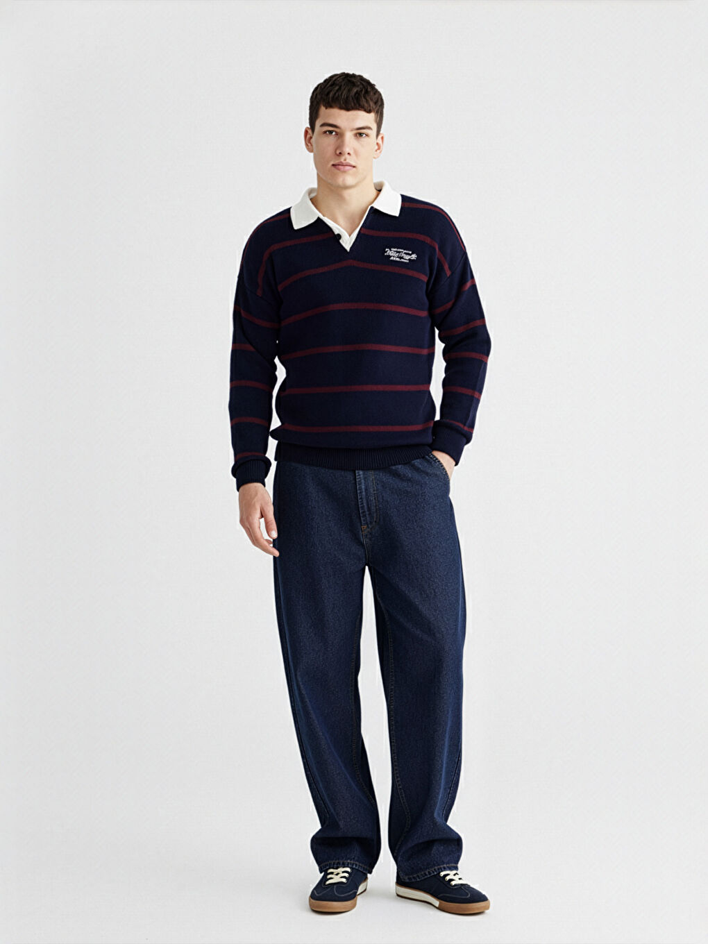 Bordo Polo Yaka Çizgili Erkek Triko Kazak-1