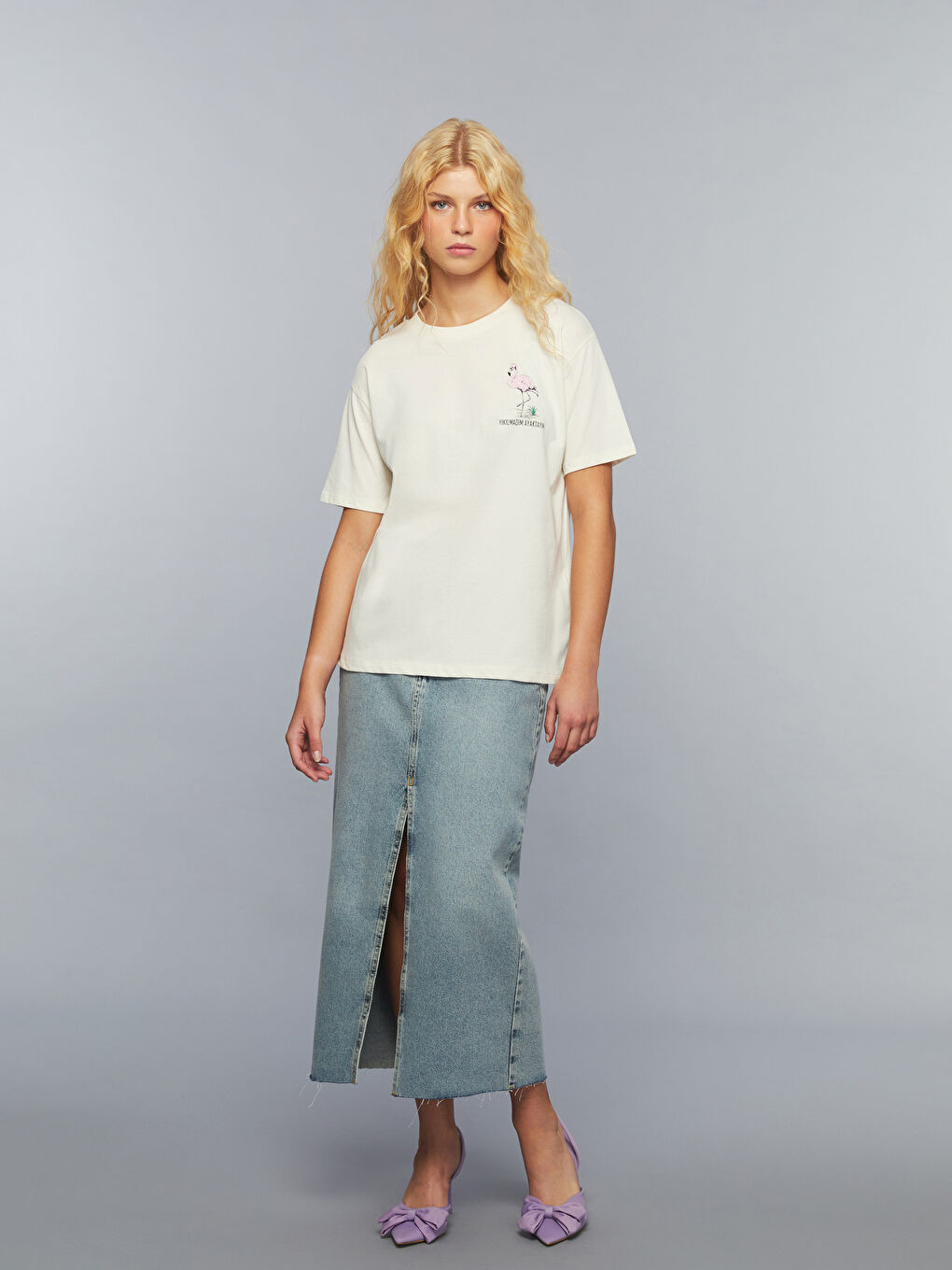 Bej Bisiklet Yaka Slogan Baskılı Kadın Tişört-3