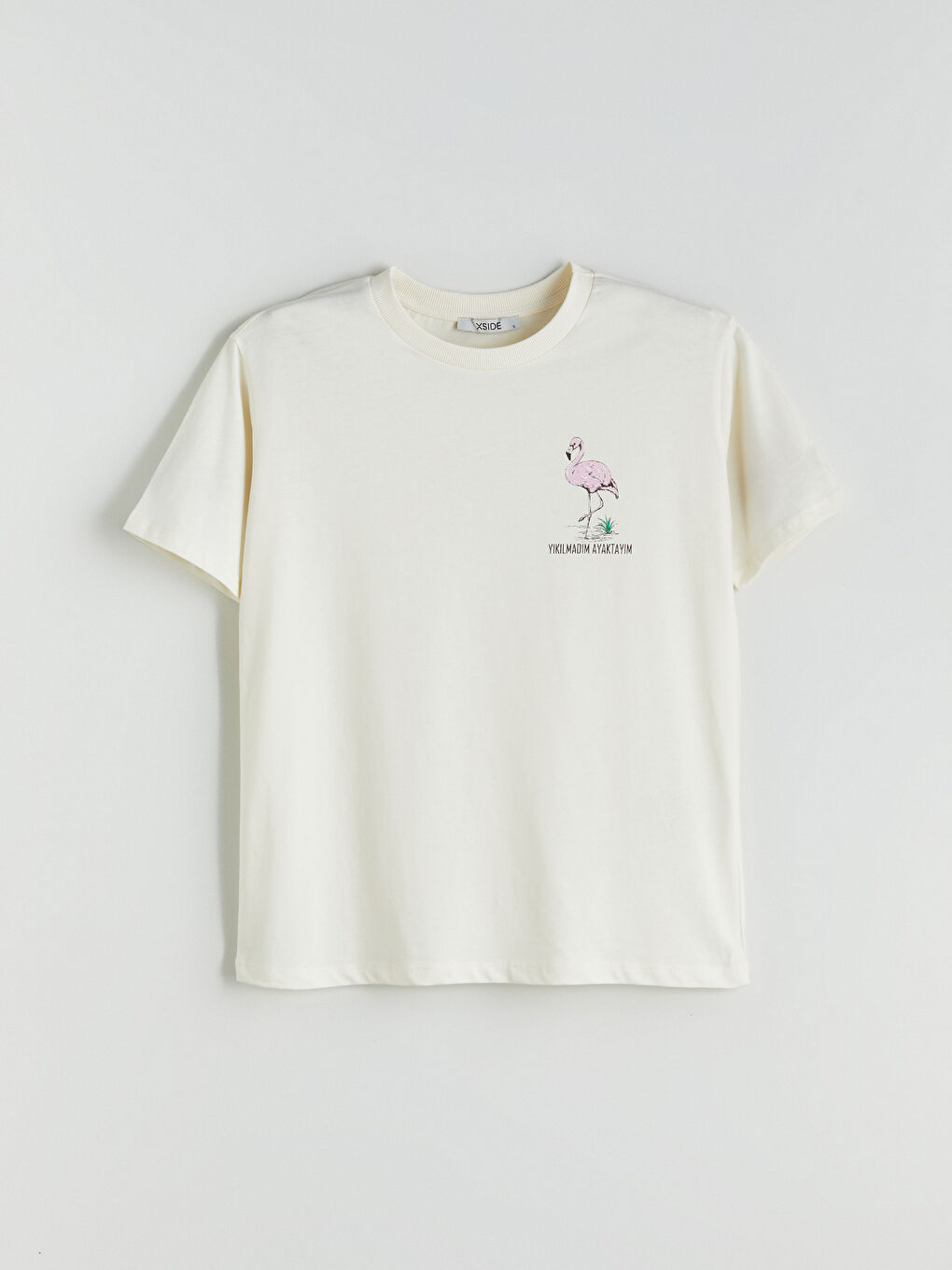 Bej Bisiklet Yaka Slogan Baskılı Kadın Tişört-5