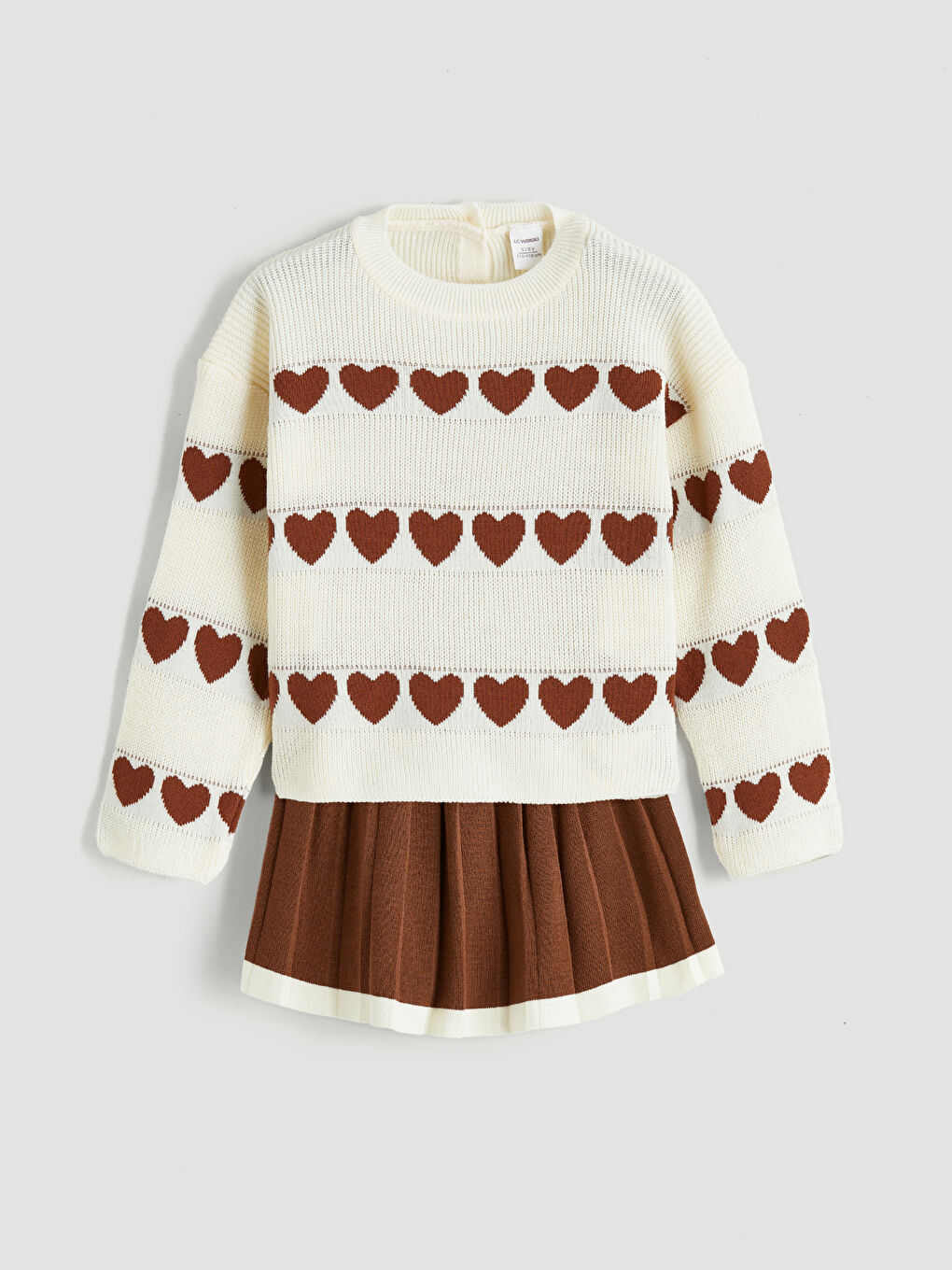 Ekru Kalp Desenli Kız Çocuk Triko Kazak ve Etek