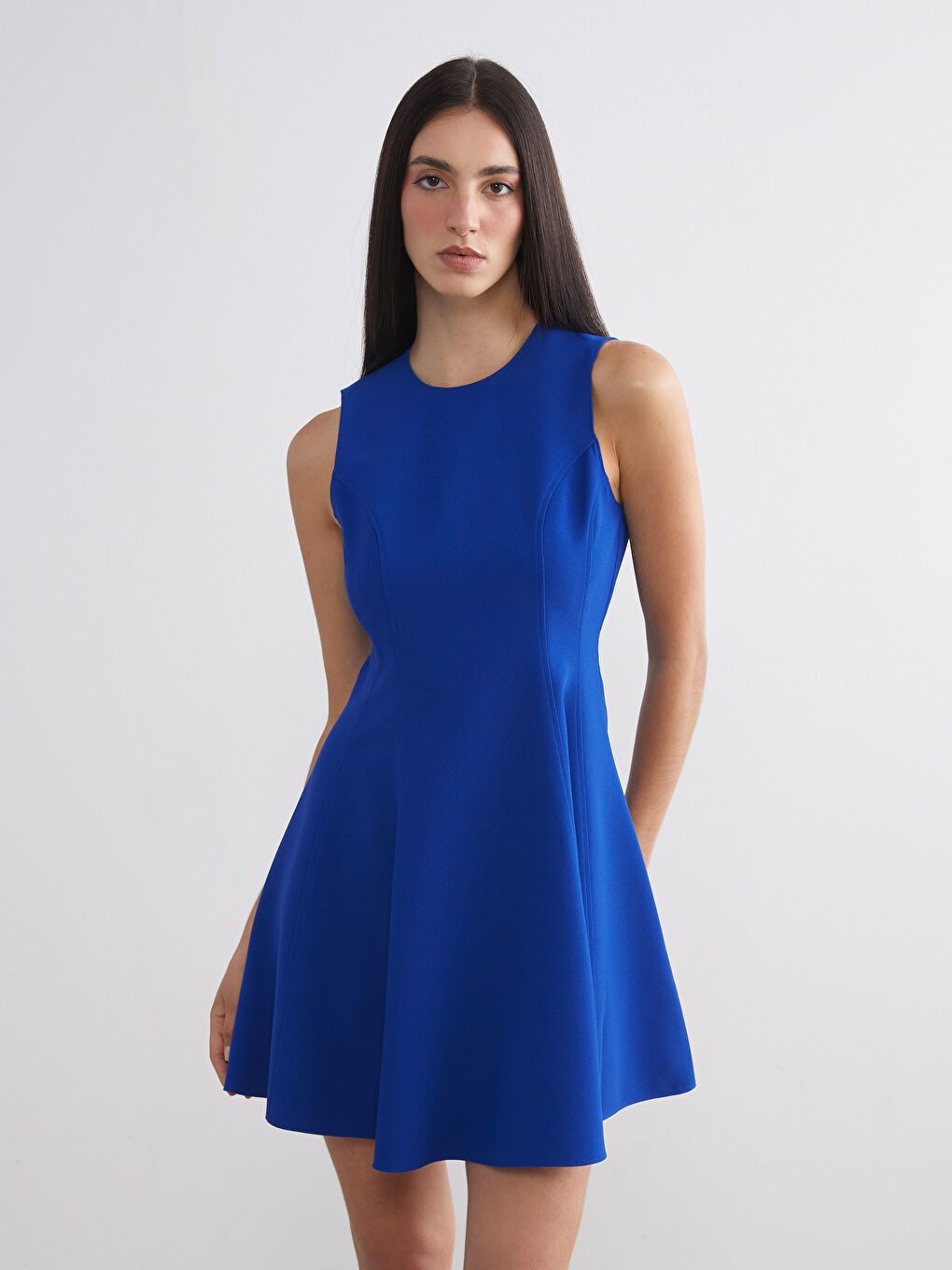 Mavi Bisiklet Yaka Belden Oturtmalı Mini Elbise-1