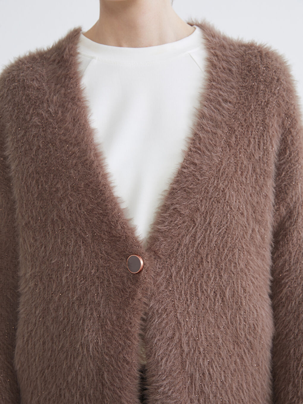 Kahverengi V Yaka Kadın Triko Hırka-2