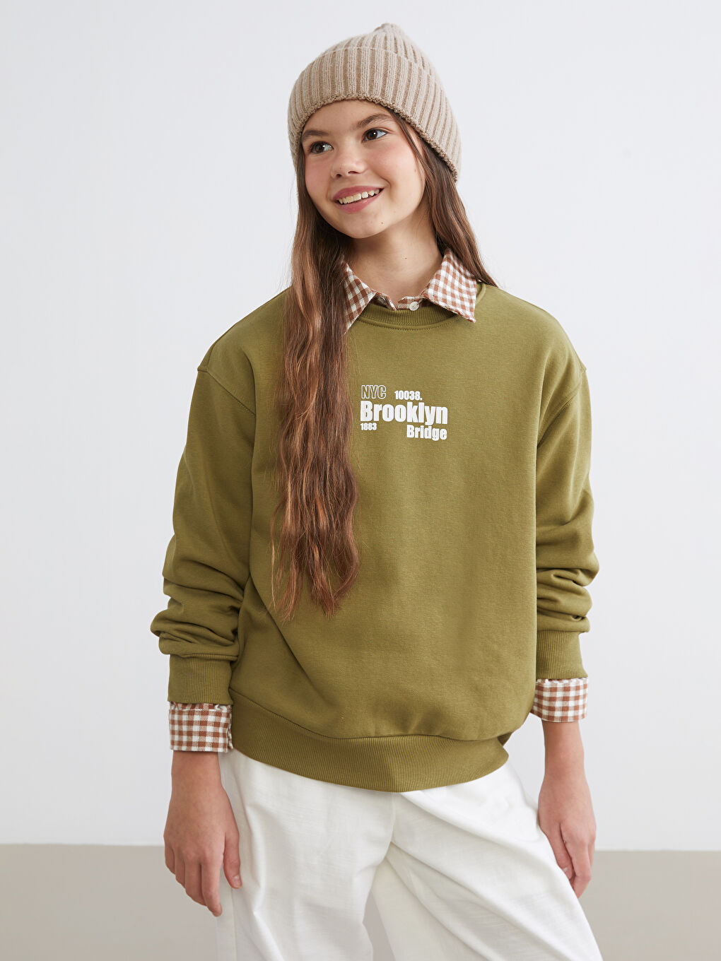 Haki Bisiklet Yaka Baskılı Kız Çocuk Kalın Sweatshirt