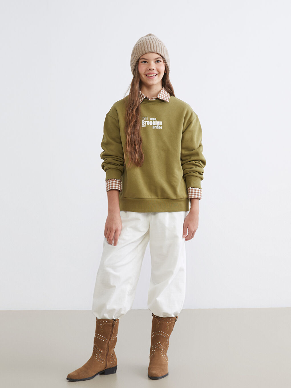 Haki Bisiklet Yaka Baskılı Kız Çocuk Kalın Sweatshirt-1