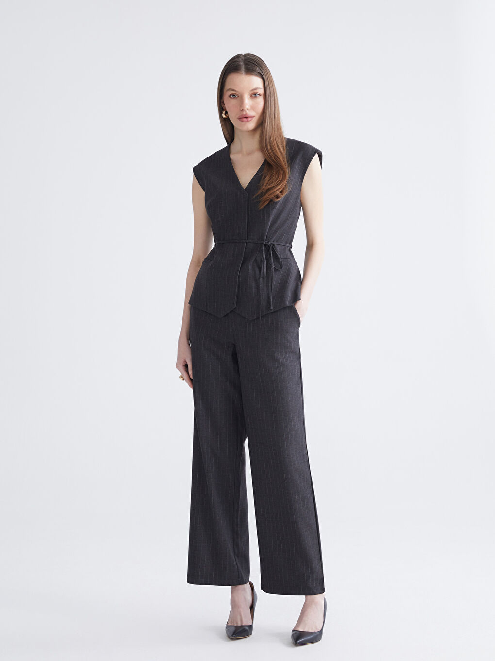 Gri Beli Lastikli Çizgili Kadın Pantolon-1