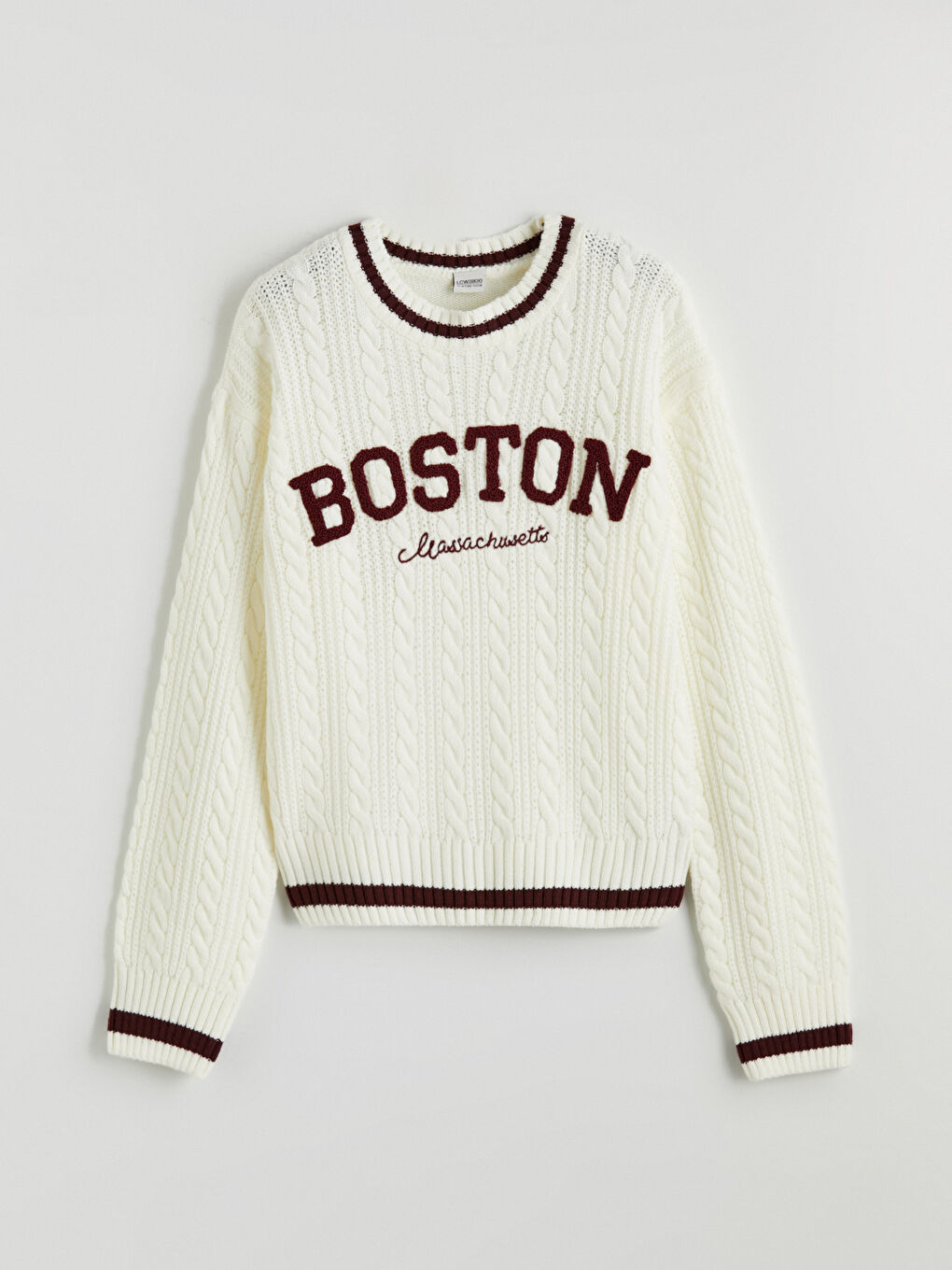 Ekru Bisiklet Yaka Nakışlı Kız Çocuk Triko Kazak