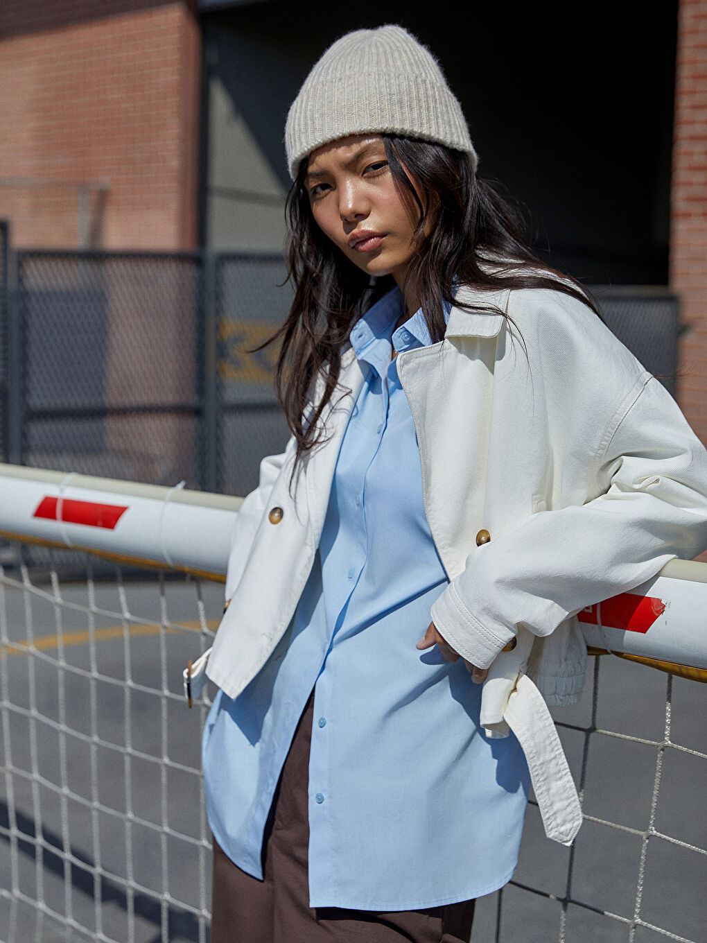 Ekru Oversize Kadın Jean Ceket