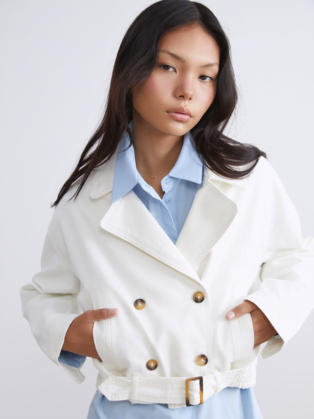 Ekru Oversize Kadın Jean Ceket-1