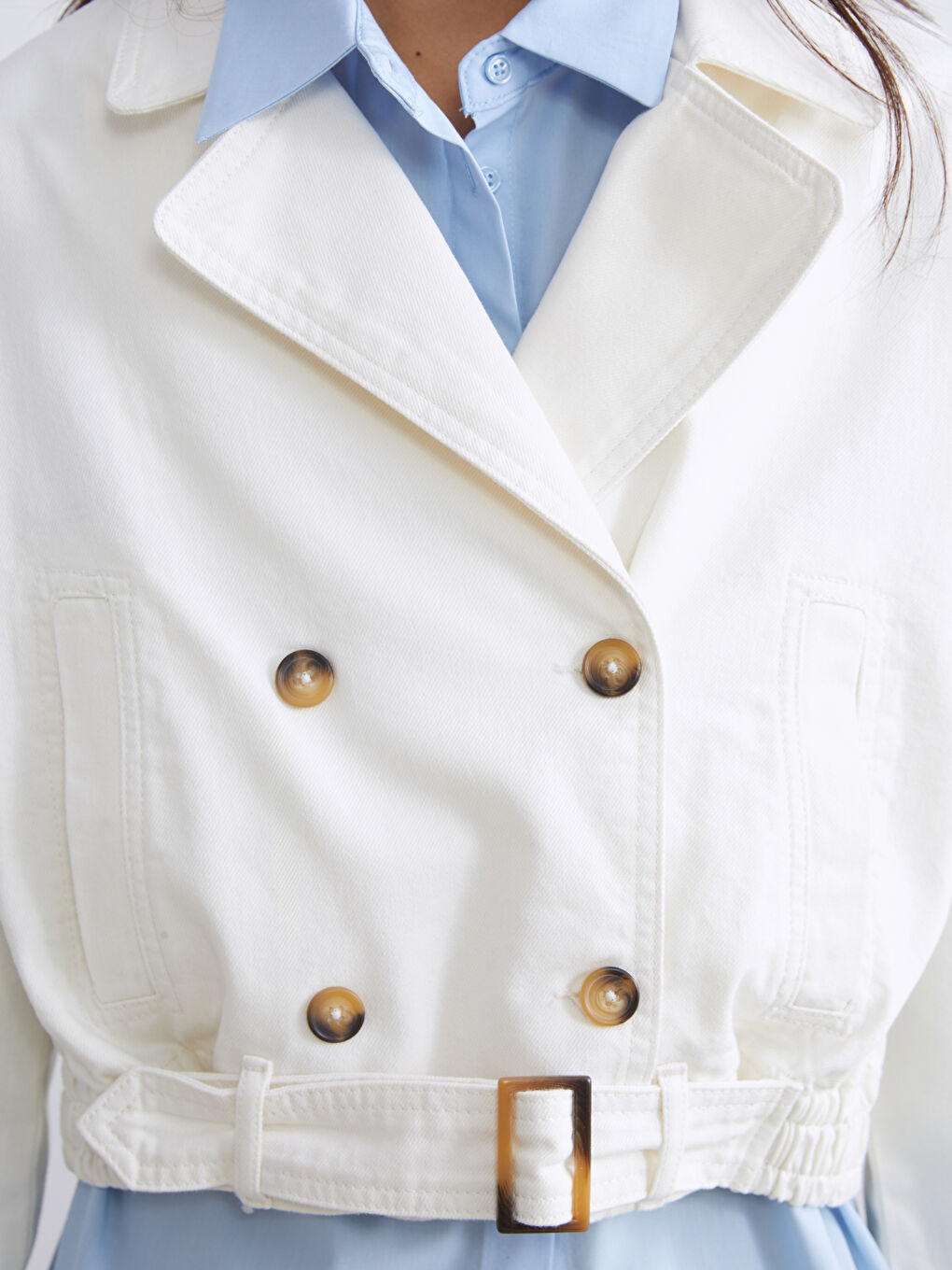 Ekru Oversize Kadın Jean Ceket-4