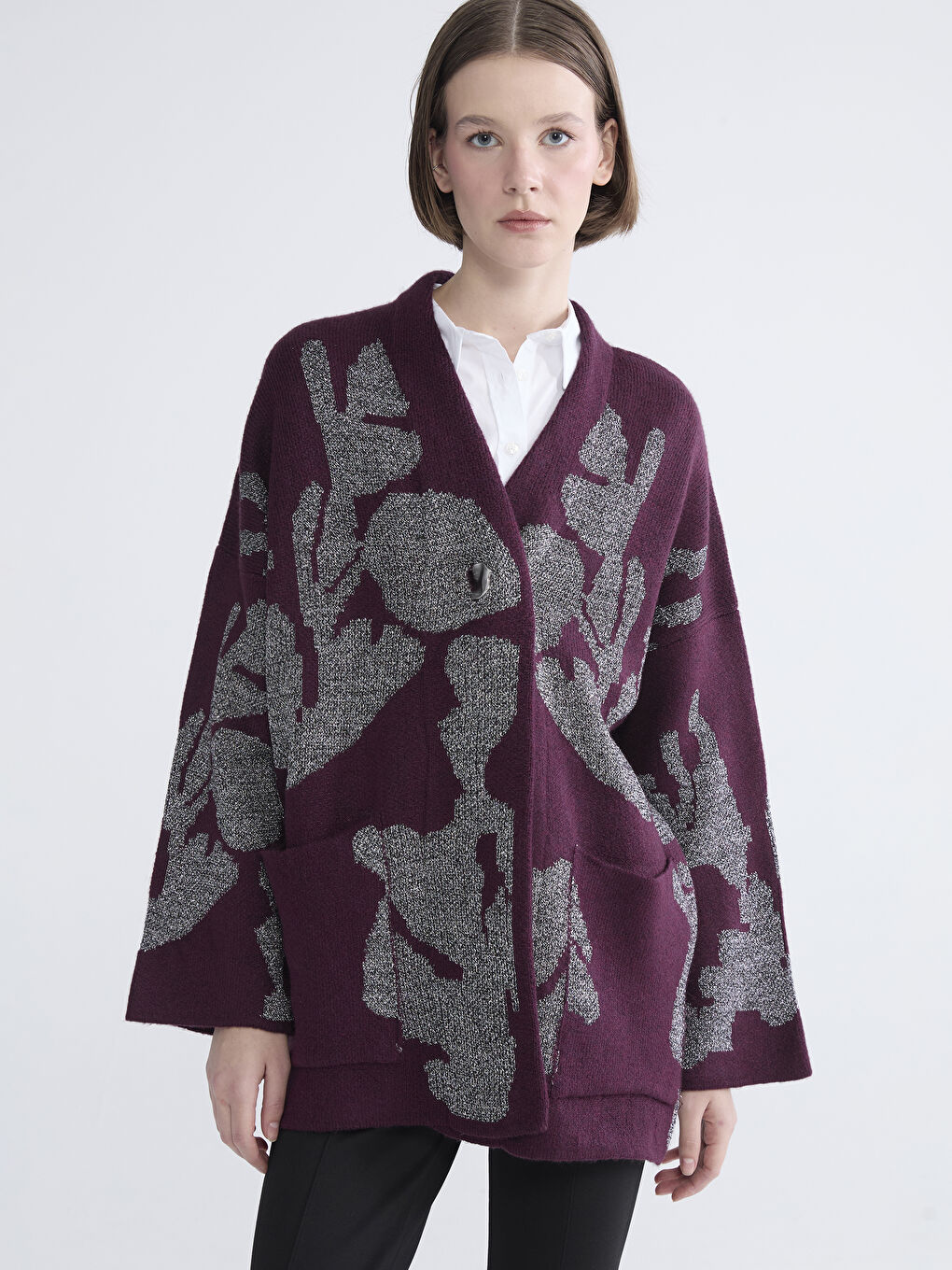 Mor V Yaka Desenli Oversize Kadın Triko Hırka