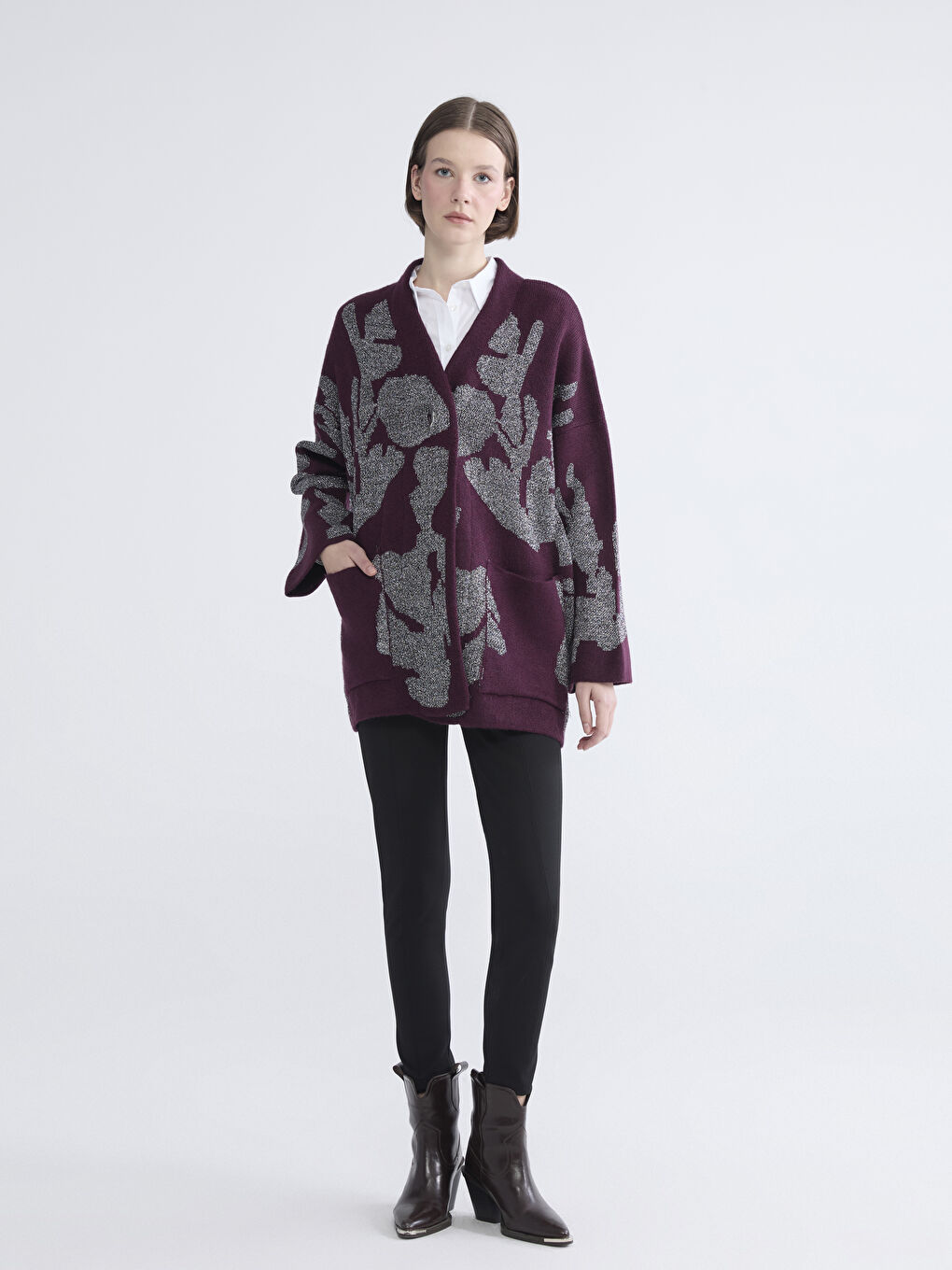 Mor V Yaka Desenli Oversize Kadın Triko Hırka-1