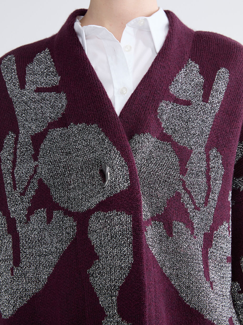 Mor V Yaka Desenli Oversize Kadın Triko Hırka-2