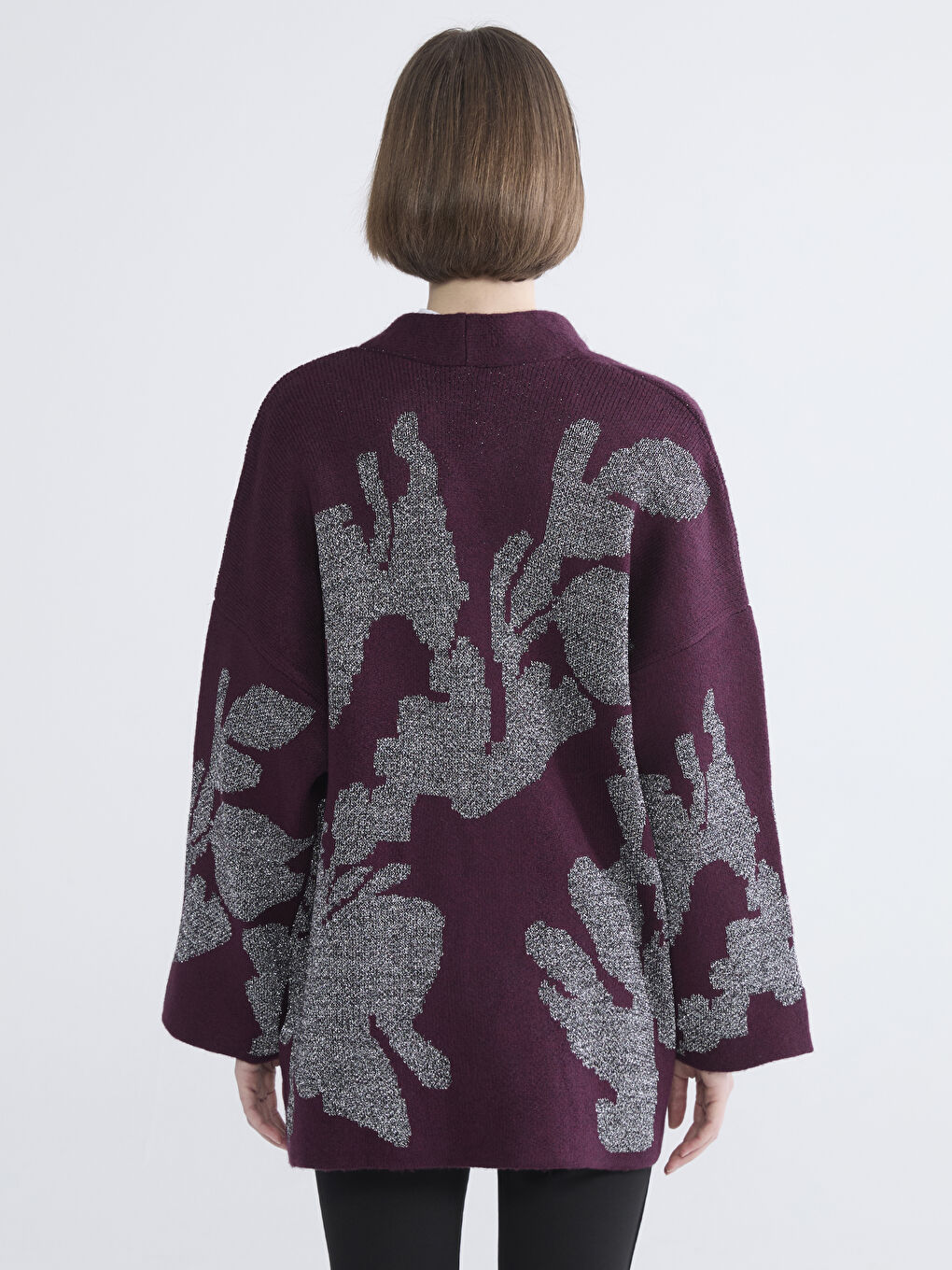 Mor V Yaka Desenli Oversize Kadın Triko Hırka-3