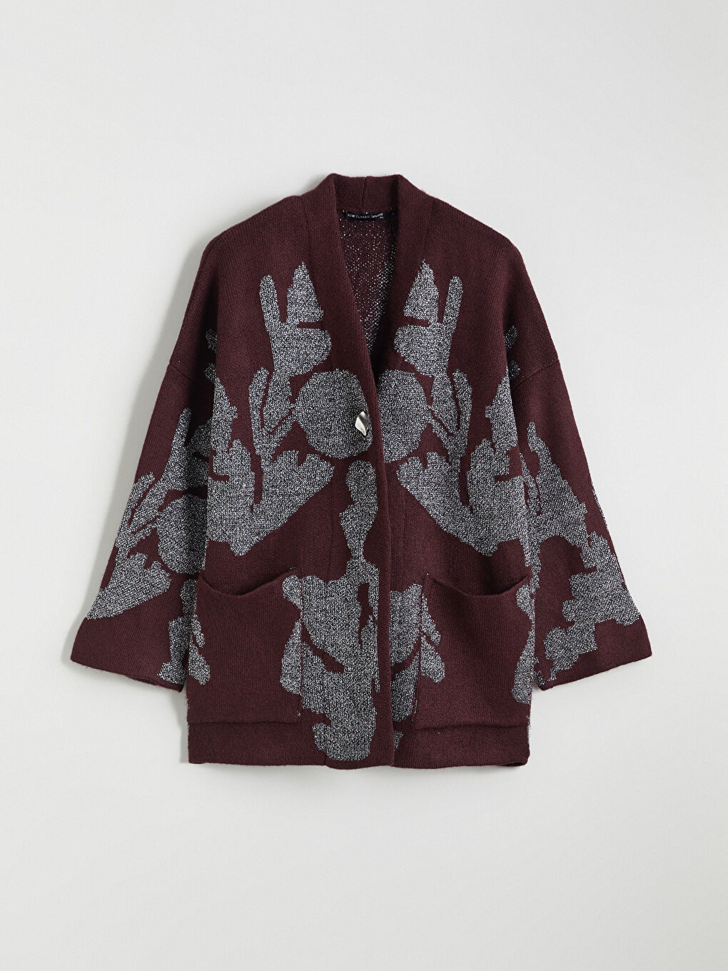 Mor V Yaka Desenli Oversize Kadın Triko Hırka-4