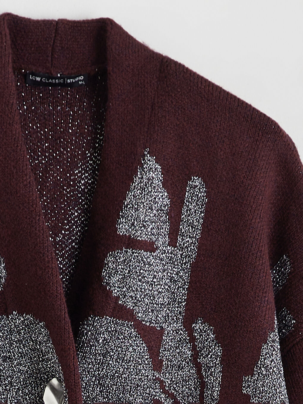 Mor V Yaka Desenli Oversize Kadın Triko Hırka-5