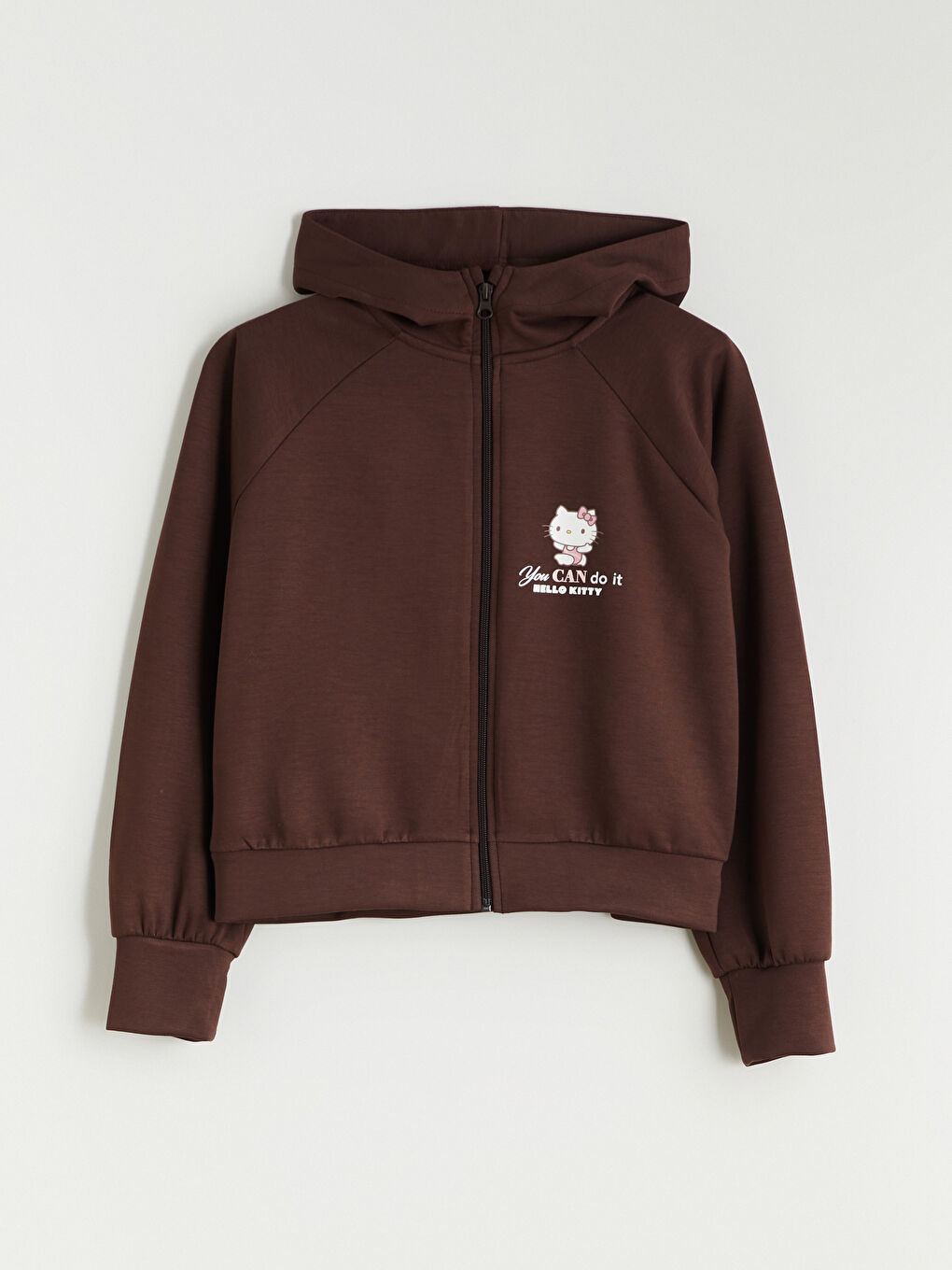 Kahverengi Kapüşonlu Hello Kitty Baskılı Kız Çocuk Fermuarlı Sweatshirt