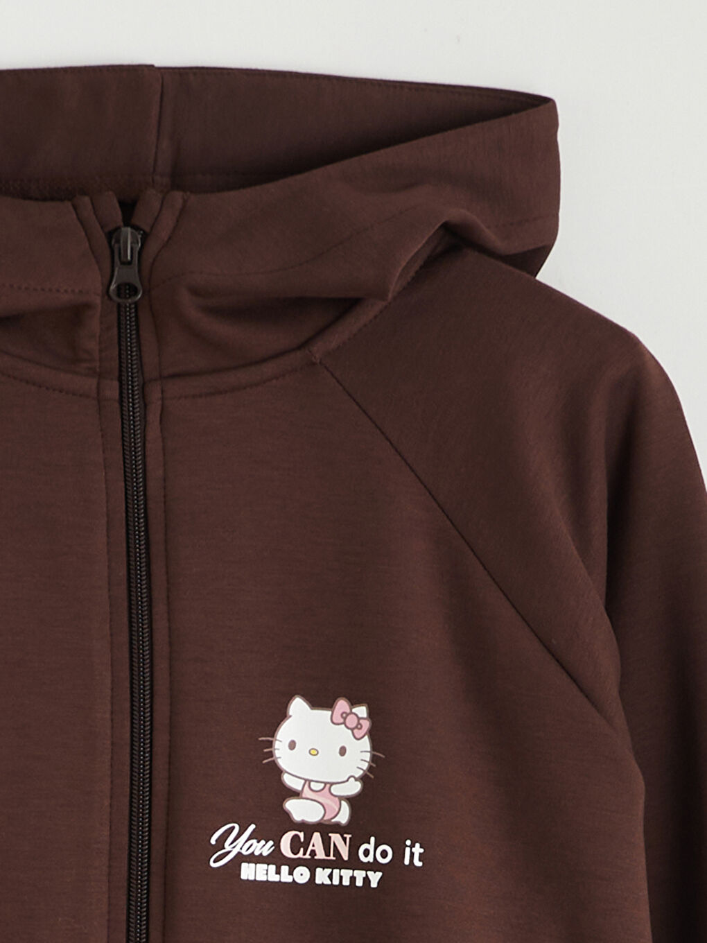 Kahverengi Kapüşonlu Hello Kitty Baskılı Kız Çocuk Fermuarlı Sweatshirt-1
