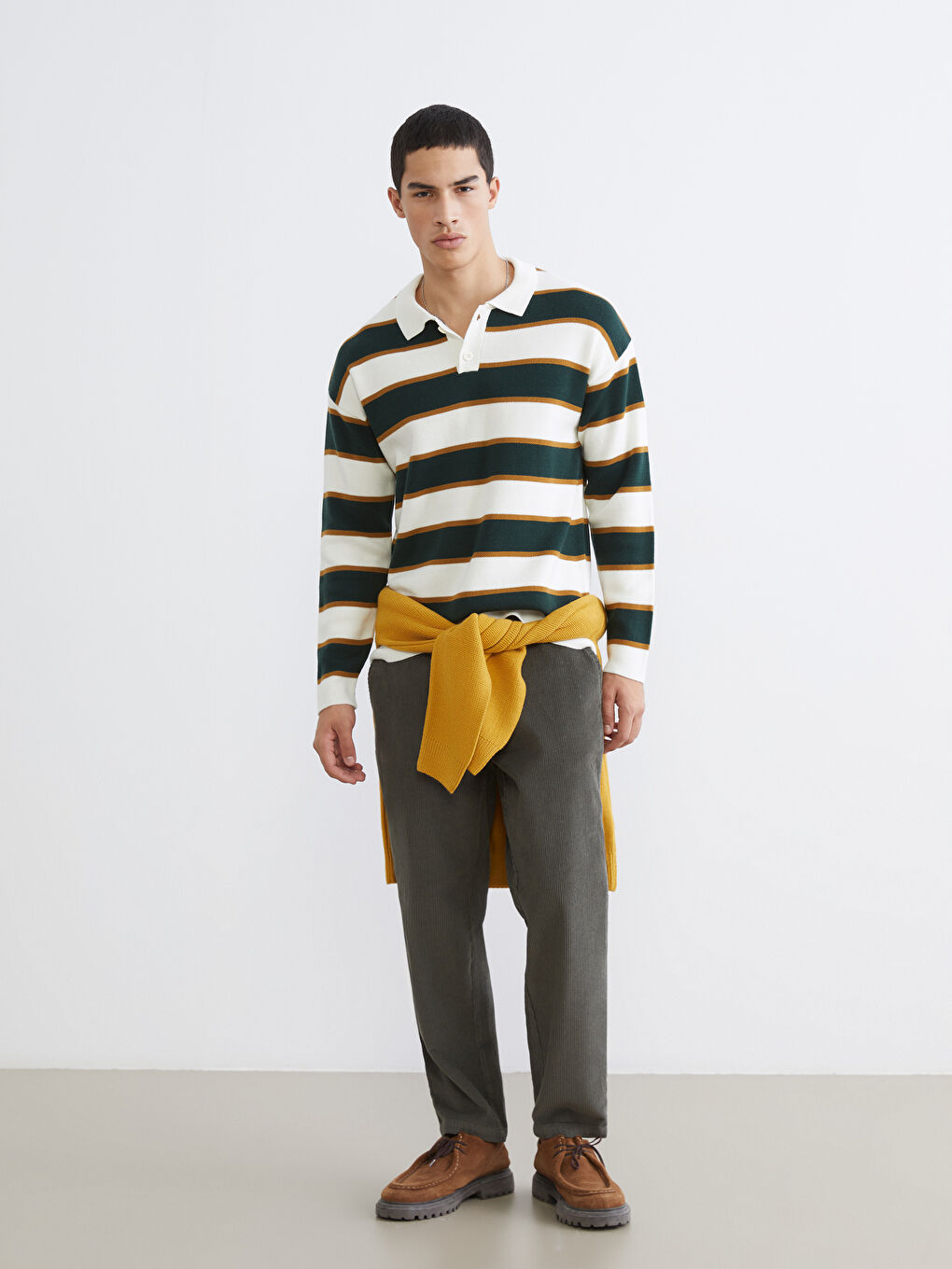 Yeşil Polo Yaka Çizgili Erkek Triko Kazak-1