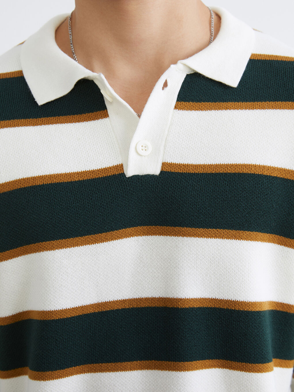 Yeşil Polo Yaka Çizgili Erkek Triko Kazak-2