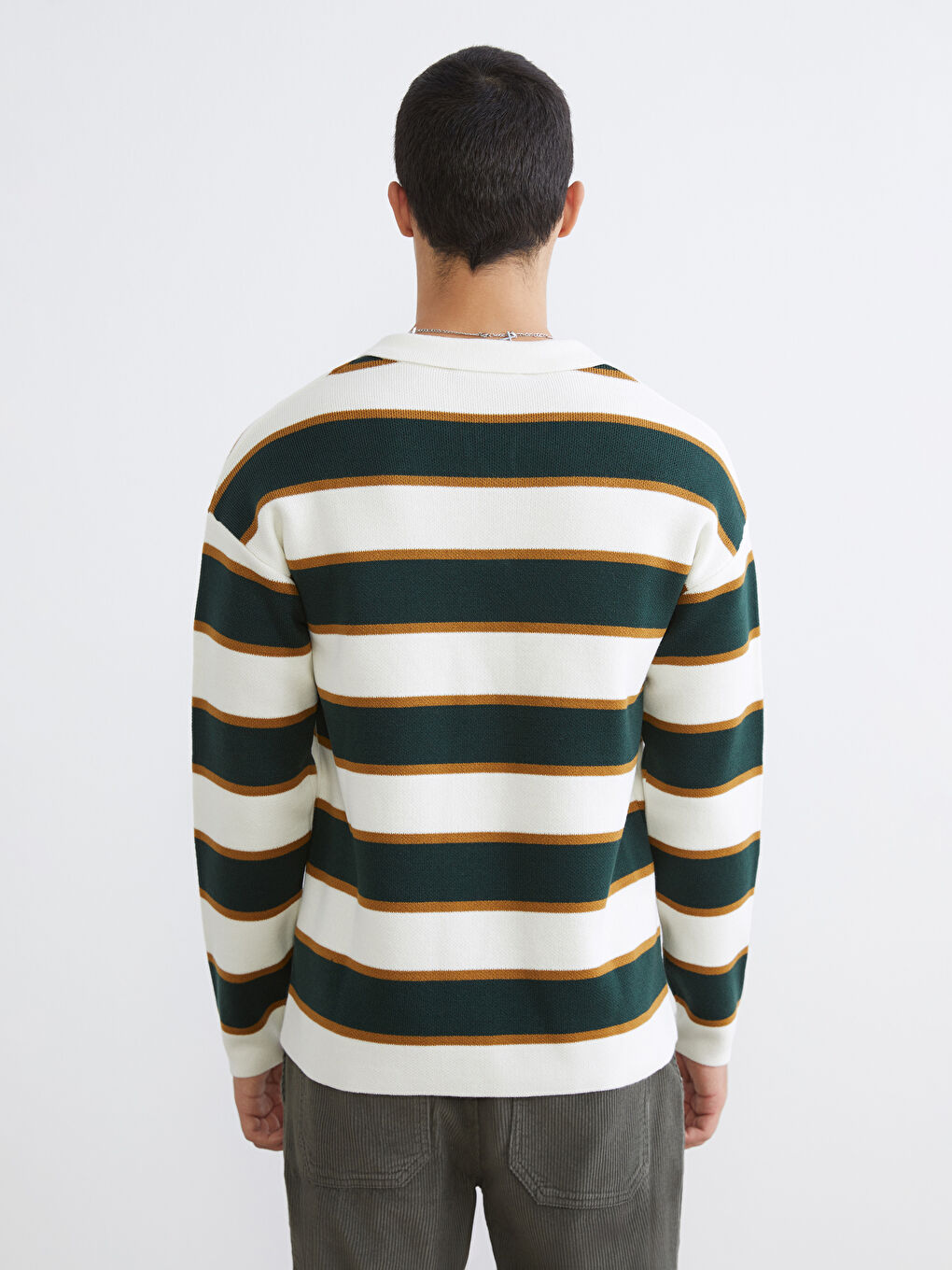 Yeşil Polo Yaka Çizgili Erkek Triko Kazak-3