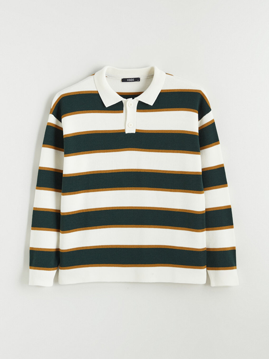 Yeşil Polo Yaka Çizgili Erkek Triko Kazak-4