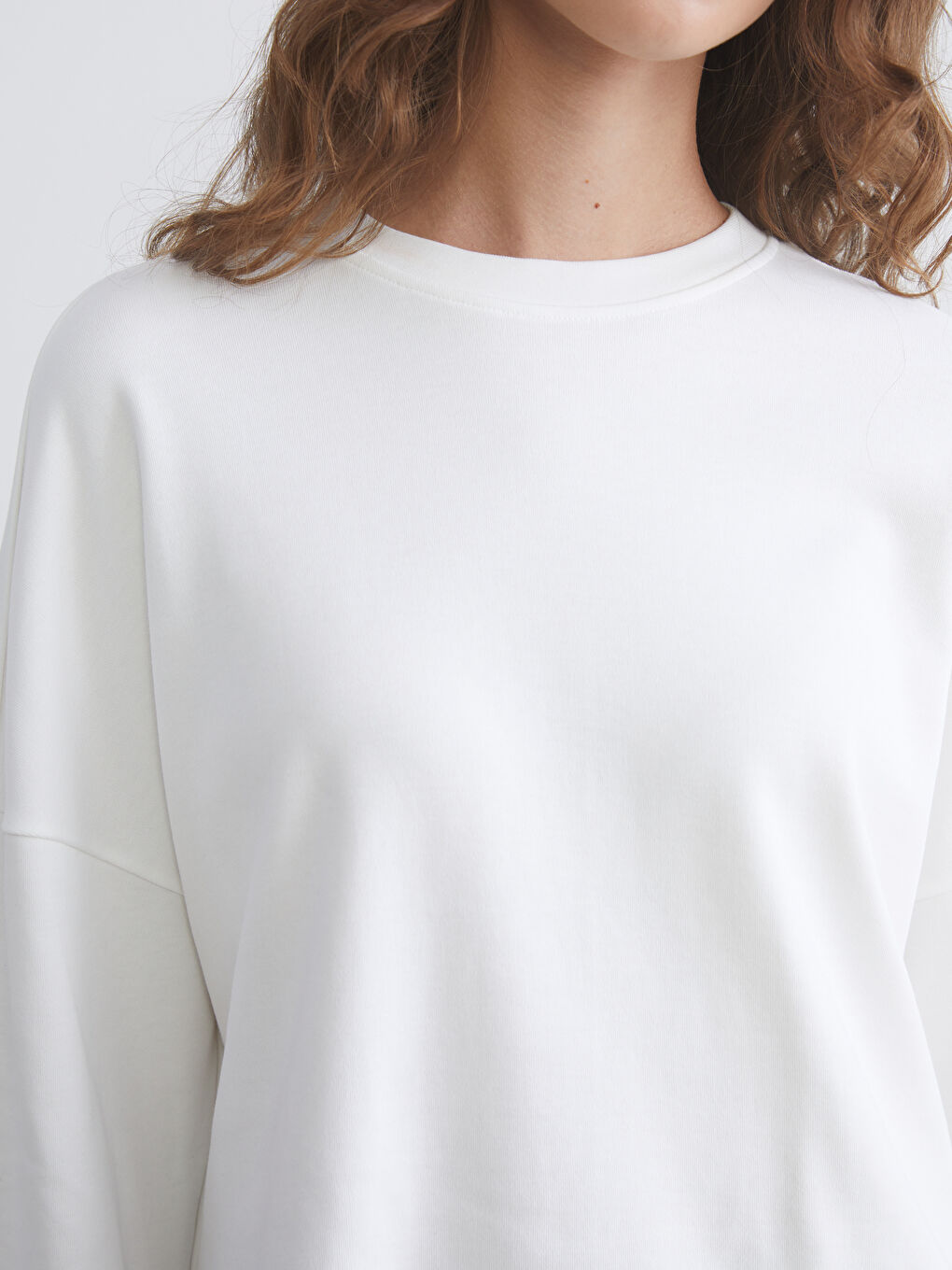 Ekru Bisiklet Yaka Kadın Sweatshirt Tunik-2