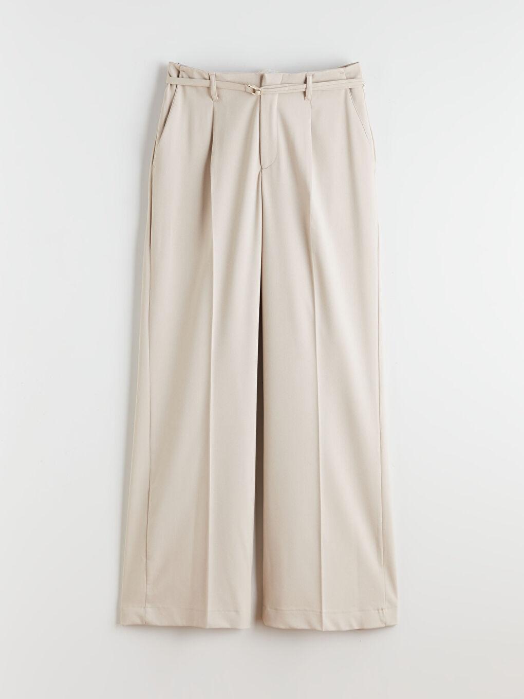 Bej Beli Kemerli Geniş Paça Kadın Pileli Pantolon-4