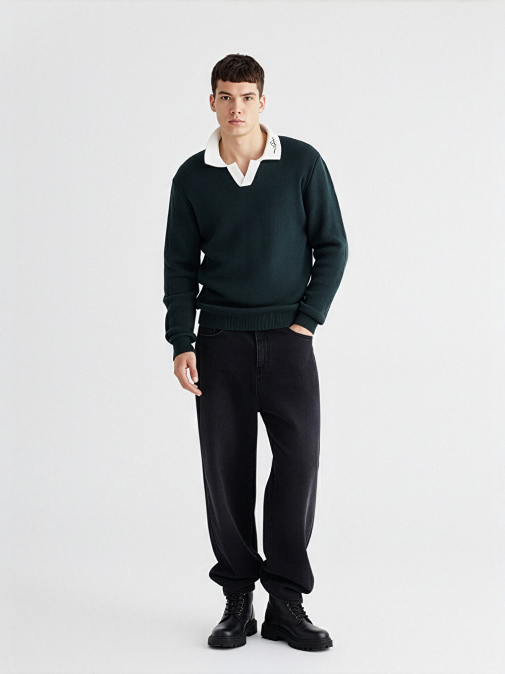 Yeşil Polo Yaka Erkek Triko Kazak-1