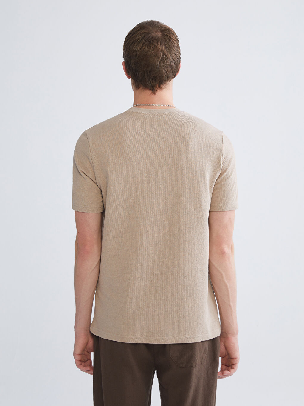 Bej Bisiklet Yaka Erkek Tişört-3