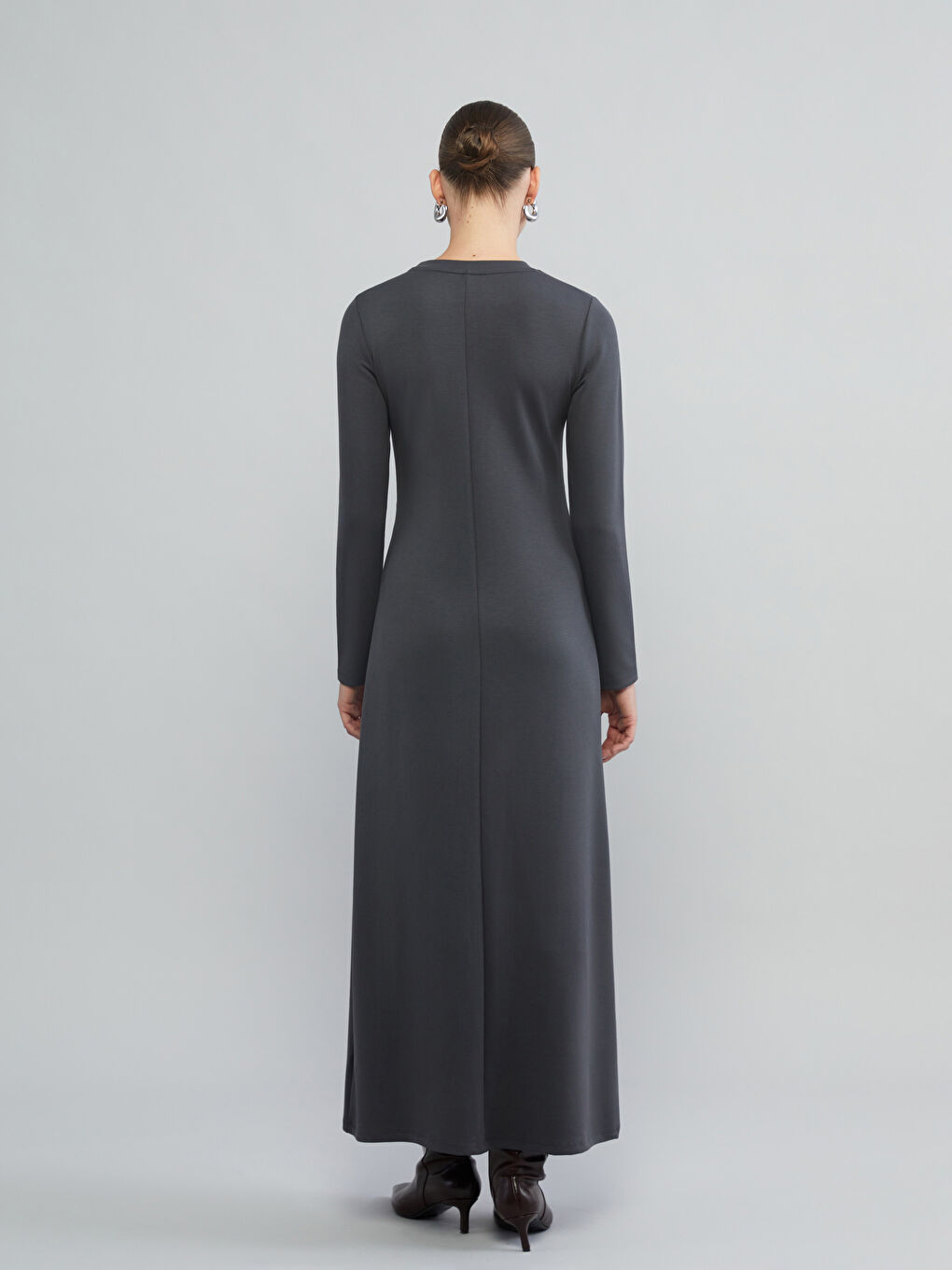 Gri Bisiklet Yaka Büzgülü Elbise-3