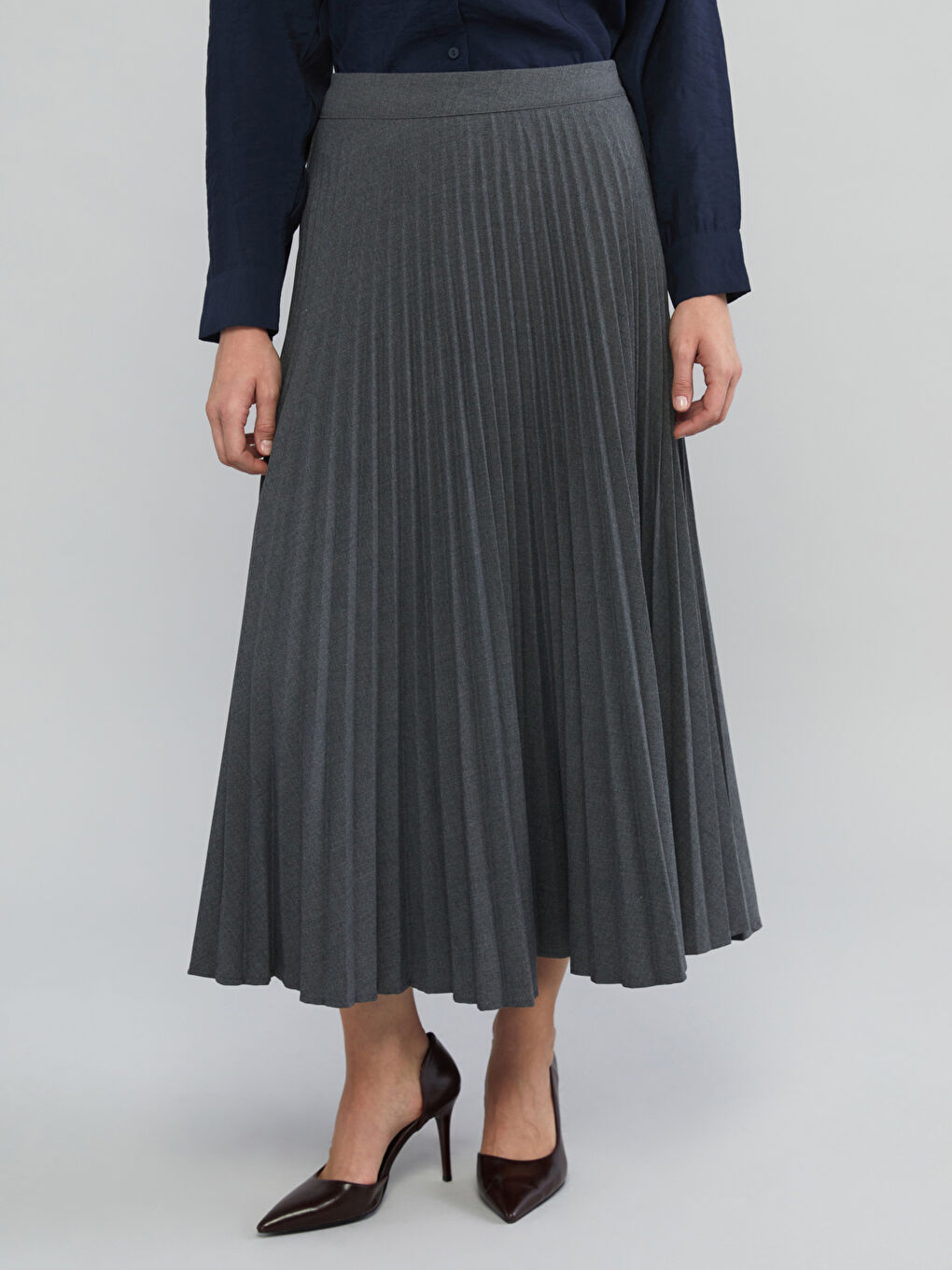 Gri Beli Fermuarlı Pileli Etek-1