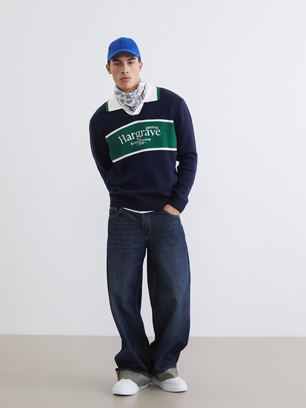 Lacivert Polo Yaka Baskılı Erkek Triko Kazak-1