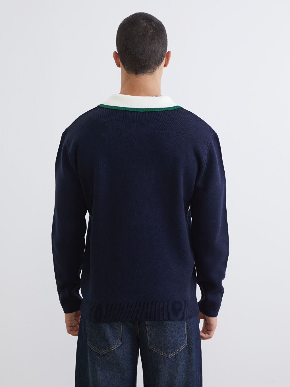 Lacivert Polo Yaka Baskılı Erkek Triko Kazak-3