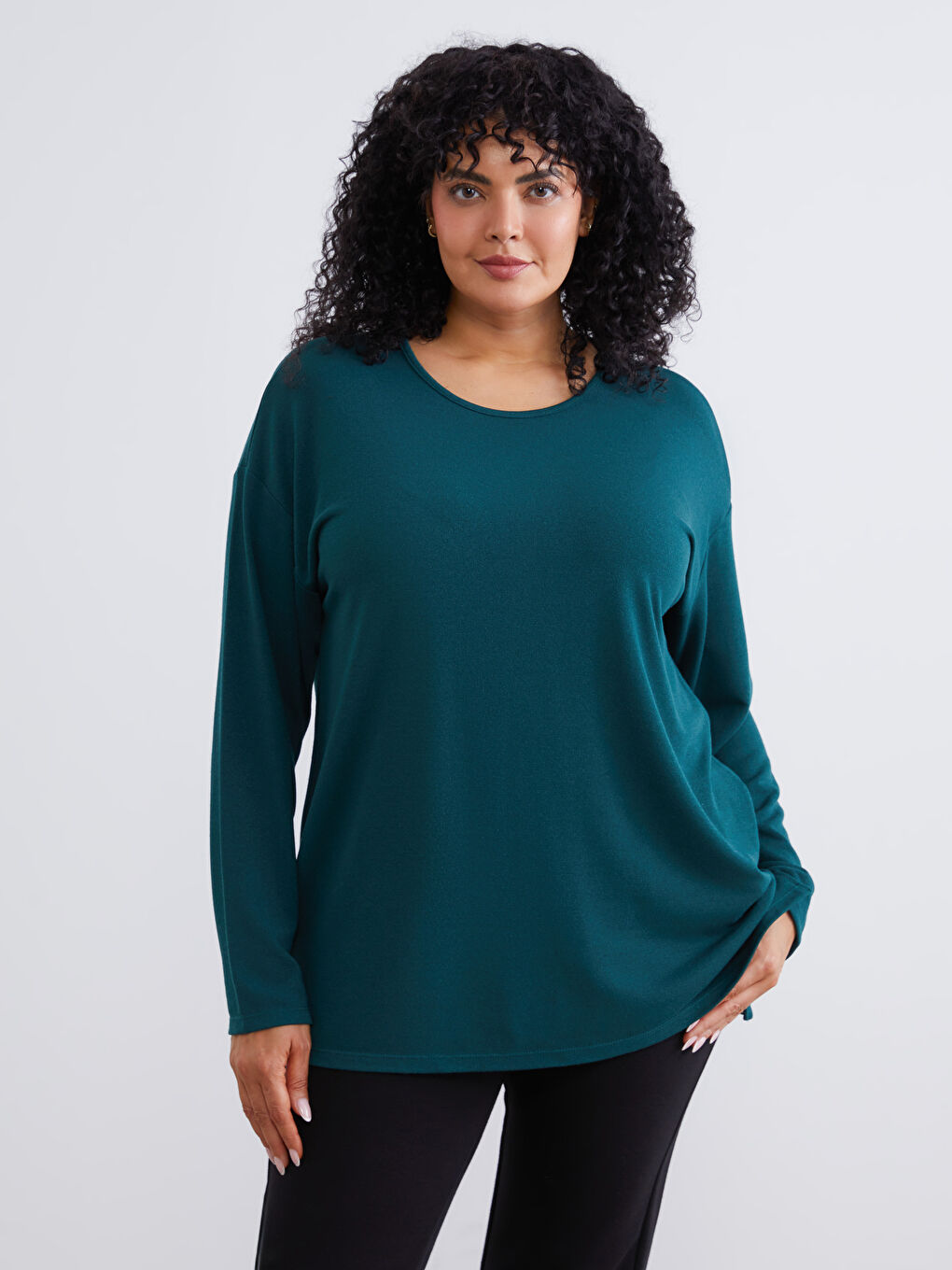 Yeşil Büyük Beden Bisiklet Yaka Oversize Kadın Tişört