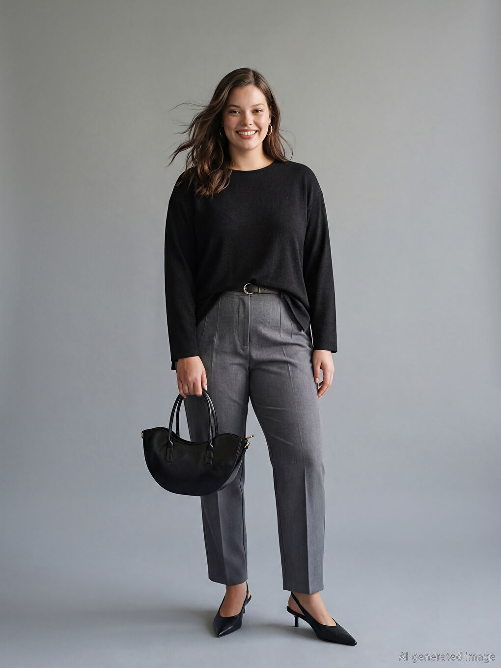 Siyah Büyük Beden Bisiklet Yaka Oversize Kadın Tişört-1